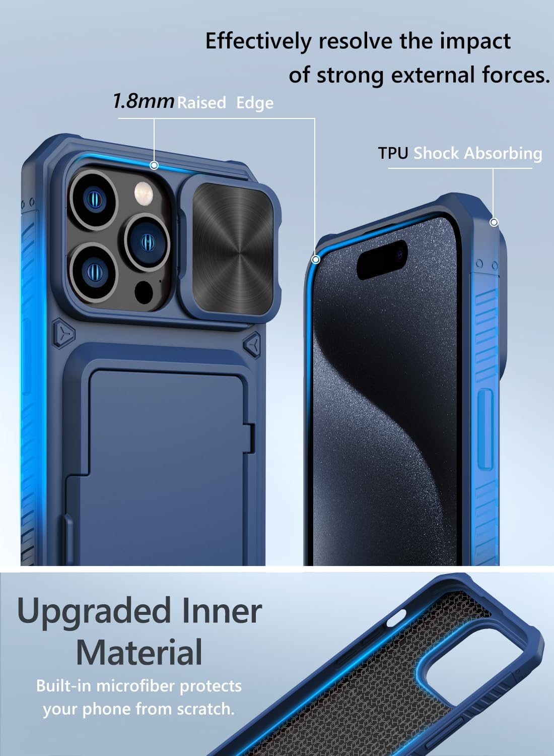 Vihibii for iPhone 15 Pro Max Case with Card Holder & Slide Camera Cover & Kickstand, Military Grade Drop Protection, Rugged Hard Back & Silicone Edge Wallet Phone Case