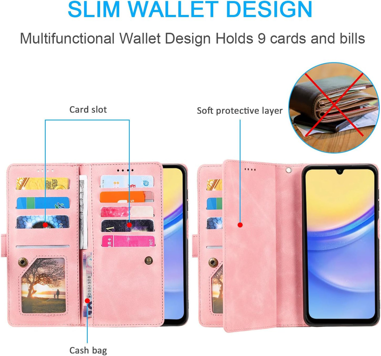 UEEBAI Wallet Case for Samsung Galaxy A15 – Retro PU Leather Flip Cover with 9 Card Slots, Zipper Pocket, Magnetic Closure, Kickstand & Wrist Strap, Shockproof Protective Case