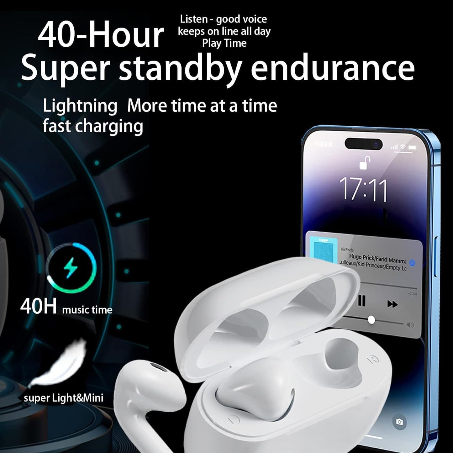 Wireless Earbuds Bluetooth 5.3 Headphones for AirPods – 40H Playtime, Noise Cancelling Mic, HiFi Stereo Deep Bass, Waterproof In-Ear Earphones for iPhone & Android