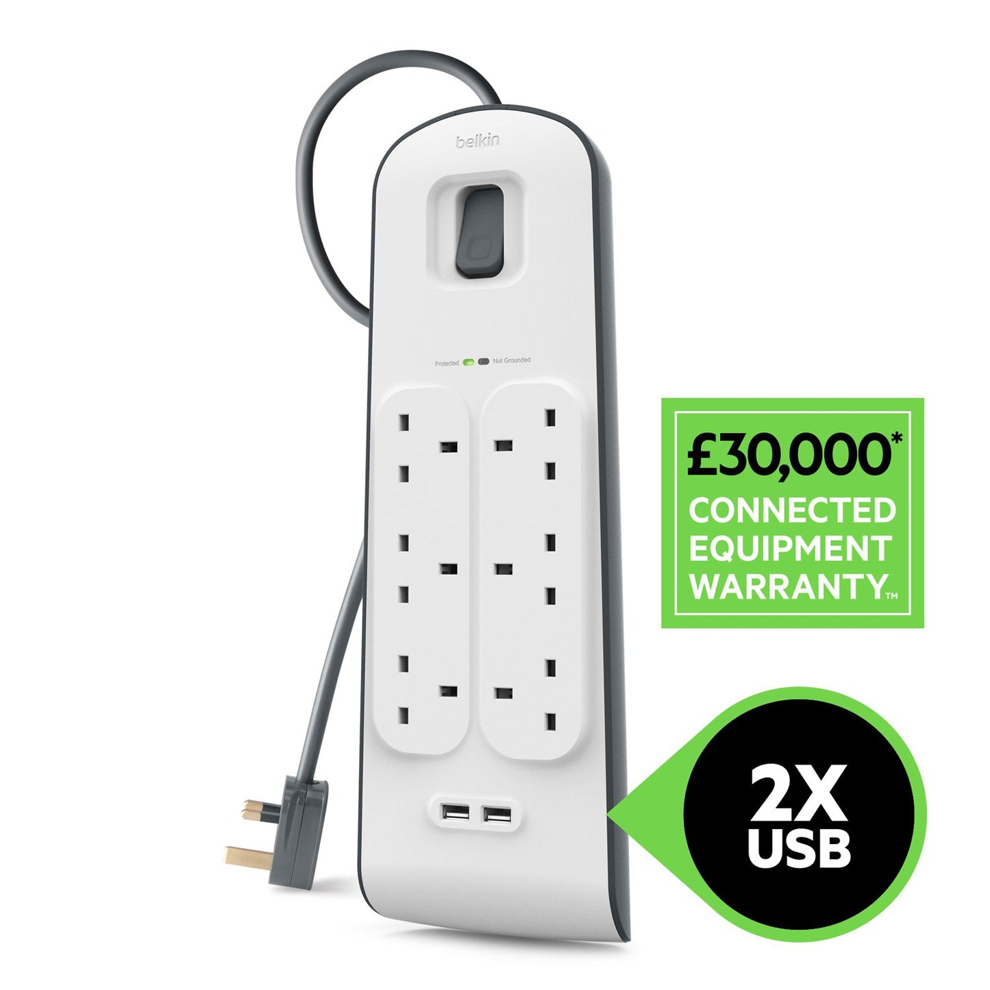 Belkin Surge Protected Extension Lead – 8 Sockets + 2 USB Ports (2.4A), 2m Cable