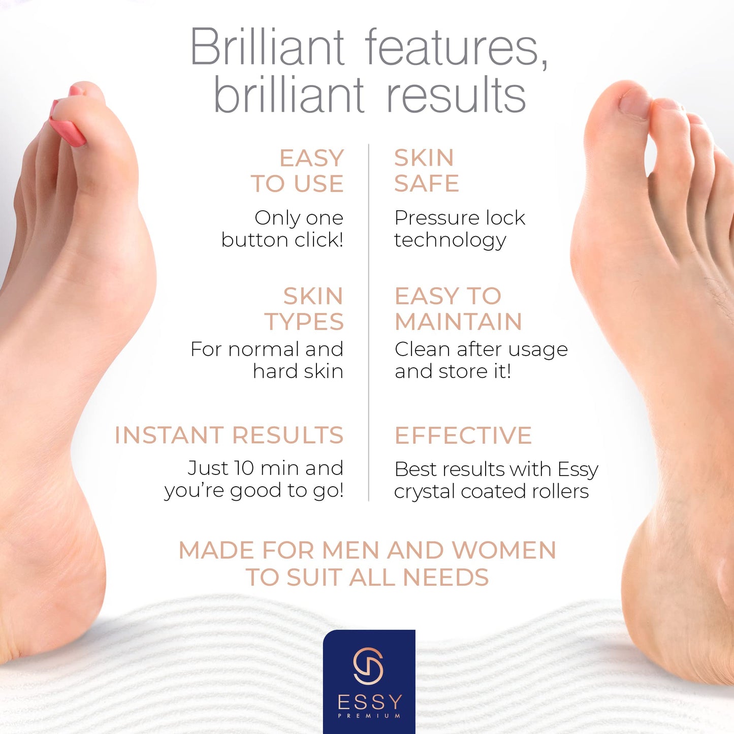 Essy Pedicure Electric Foot File – Rechargeable Callus Remover, Dead Skin Scraper with 5 Replacement Rollers for Smooth Feet