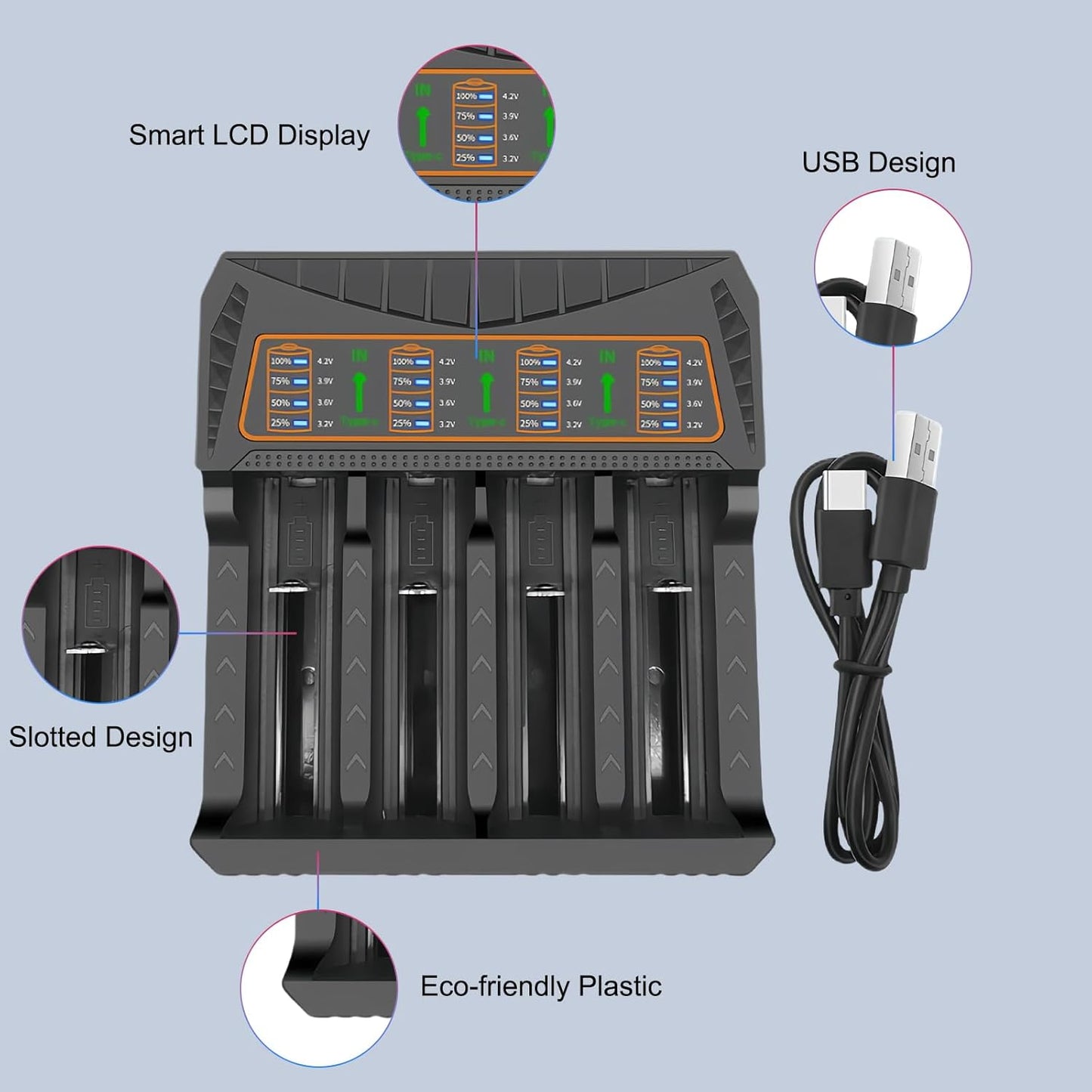 18650 Battery Charger Rechargeable Universal 4-Bay Charger, Automatic LCD Display,Fast Charging for Ni-MH/CD 3.7v Lithium 22650 21700 10340 10440 14500 16340 17335 17500 17670 18500 20700