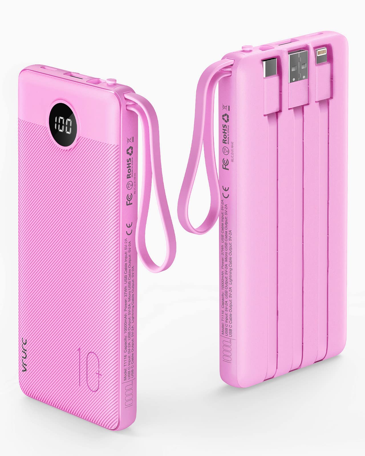 Power Bank With Built in Cables VRURC 10000mAh ,USB C Battery Pack Portable Charger with 5 Outputs 2 Inputs Powerbank LED Display compatible with iPhone 14 13 12 Samsung S21 S20 Xiaomi iPad