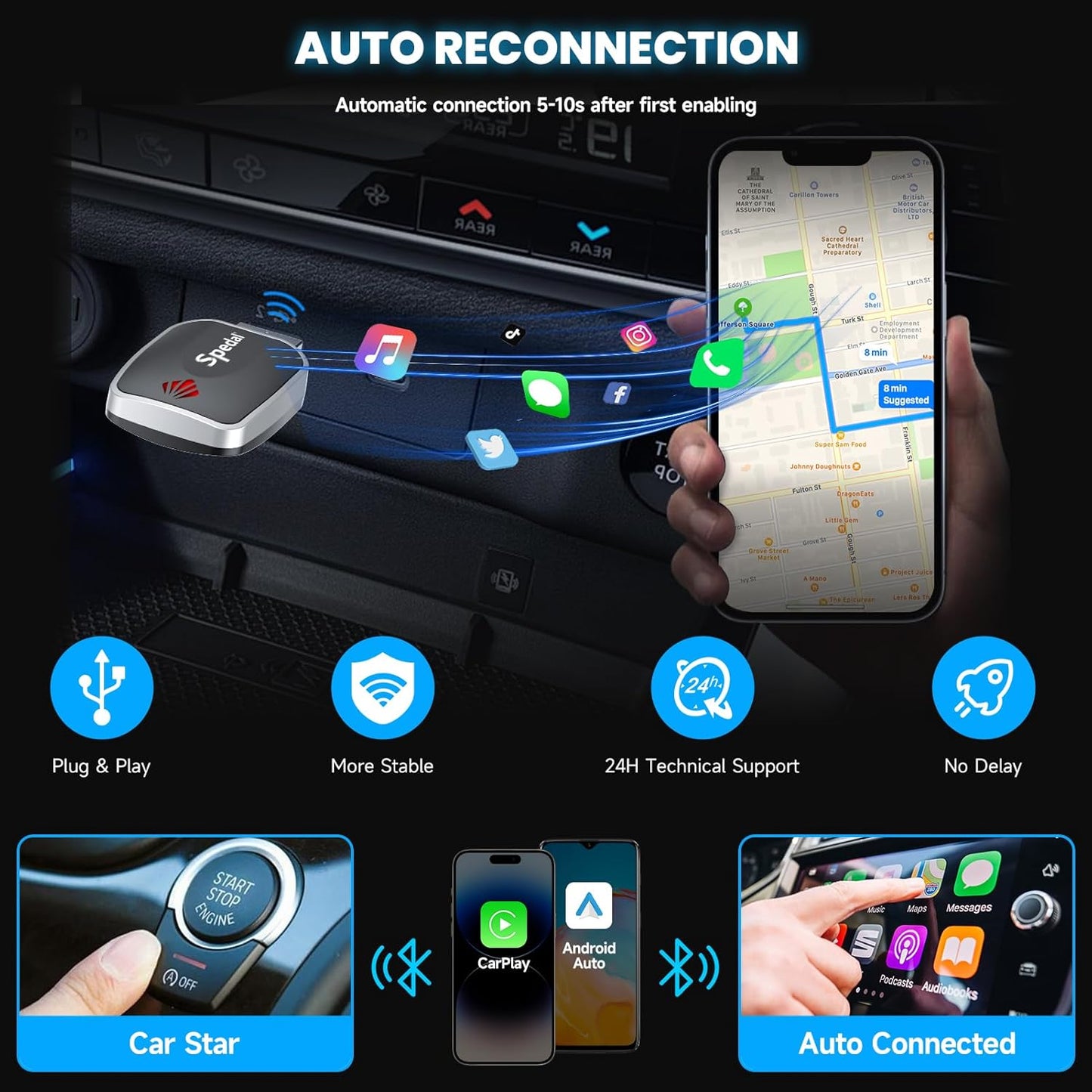 【2025 Mini Wireless CarPlay Adapter UK】Spedal 2-in-1 CarPlay & Android Auto, Converts Wired CarPlay to Wireless, Fit for Cars from 2016 & for iPhone iOS 10+ /Android 11+ Plug & Play, Fast Connection