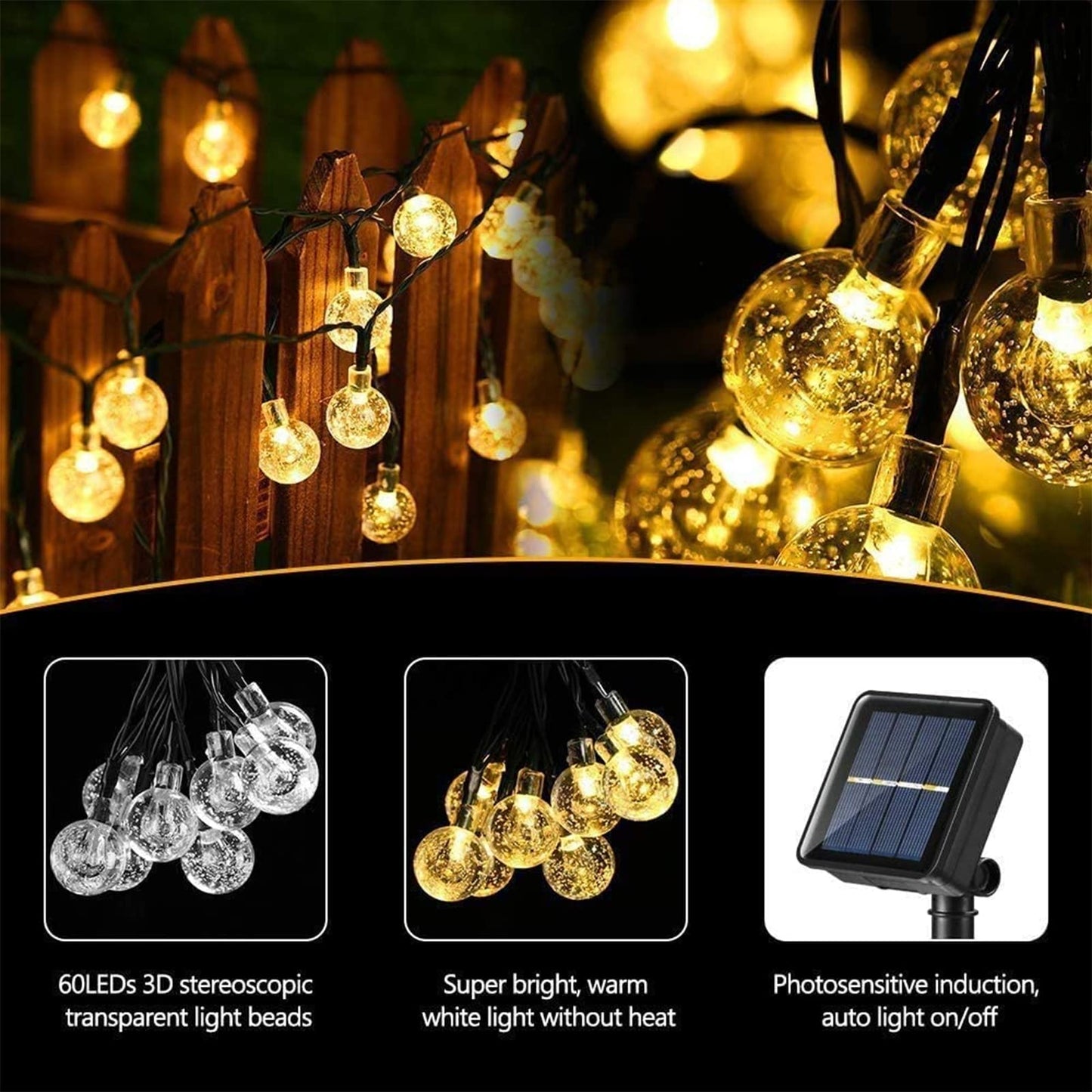 Solar Garden Lights Outdoor, 36ft 60 LED Solar String Lights Waterproof, Solar Powered Crystal Ball Indoor/Outdoor Fairy Lights Decorative Lights for Garden, Patio, Yard, Festival, Parties (White)