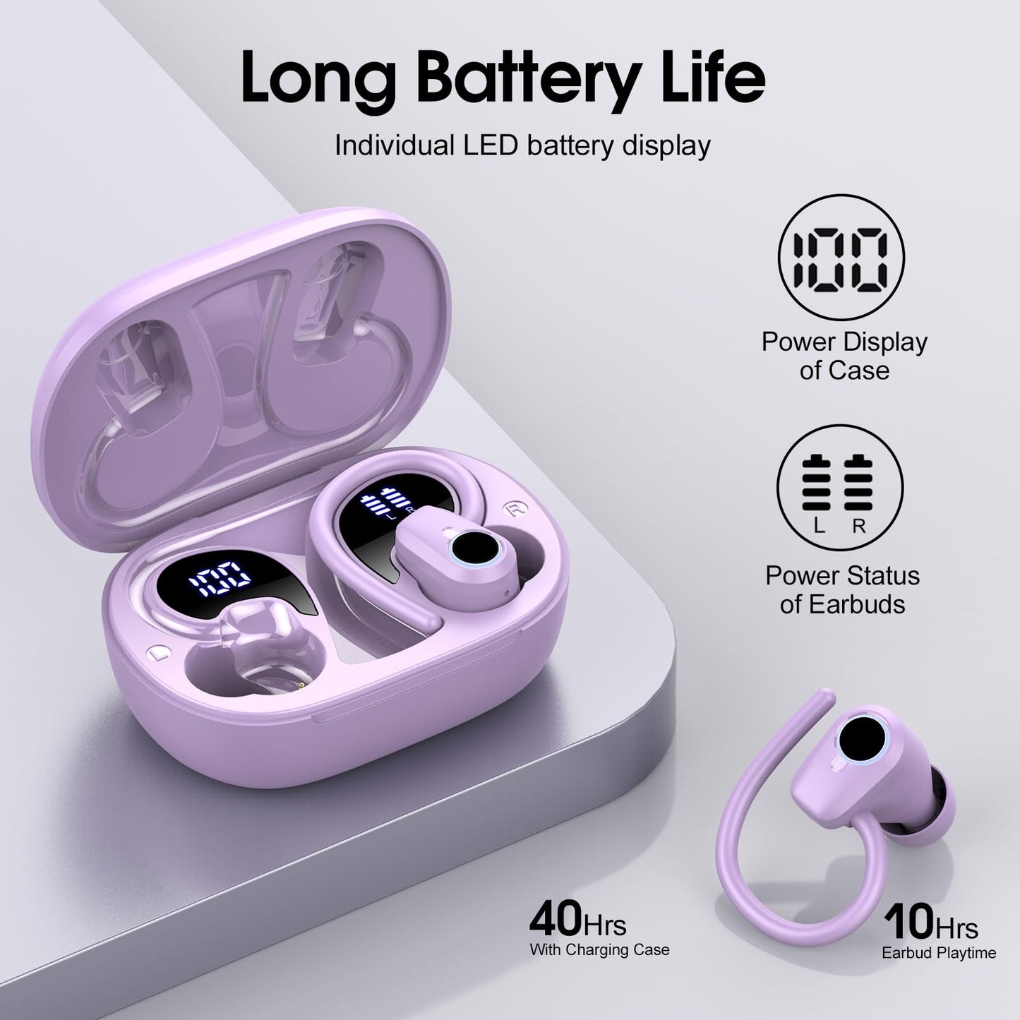 Waterproof Wireless Earbuds Bluetooth 5.3 – 4 ENC Noise Canceling Mics, 50H Battery, Dual LED Display, Sport Earhooks