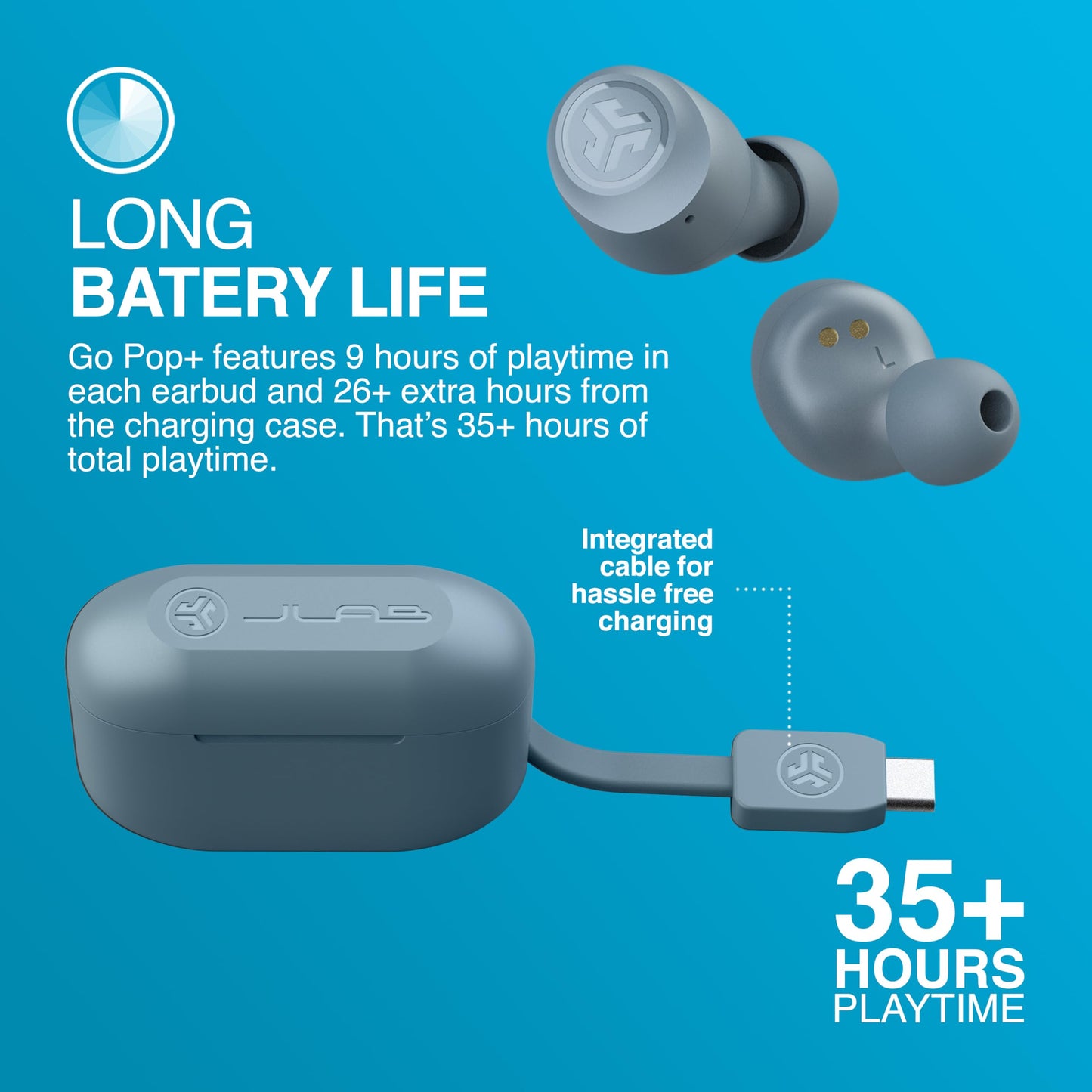 JLab Go Air Pop+ True Wireless Earbuds – Bluetooth Earphones with 35H Playtime, USB-C Charging Case, EQ3 Sound & Multipoint, Black