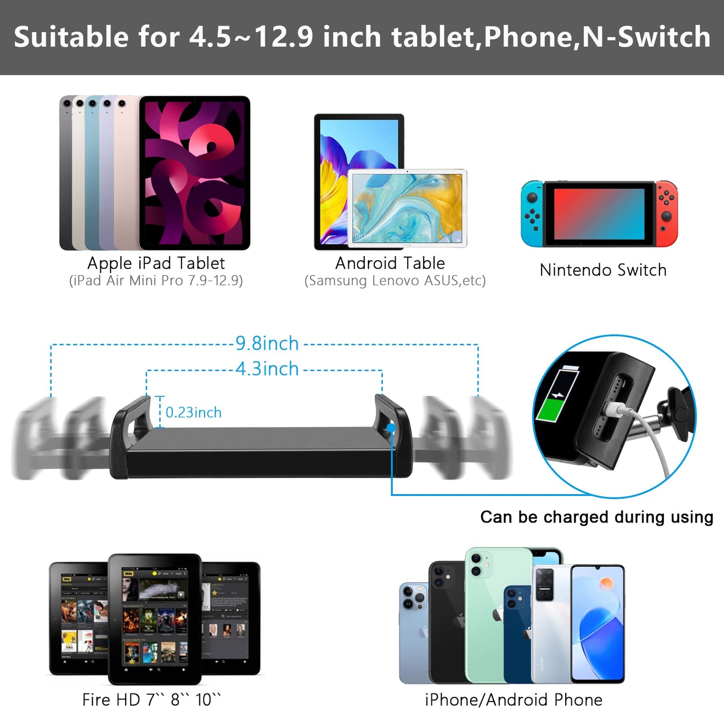 SAMHOUSING Adjustable Tablet Floor Stand – Universal 360° Rotatable Metal Holder for iPad, iPhone, & Tablets (4.7” to 12.9” Screens) – Black