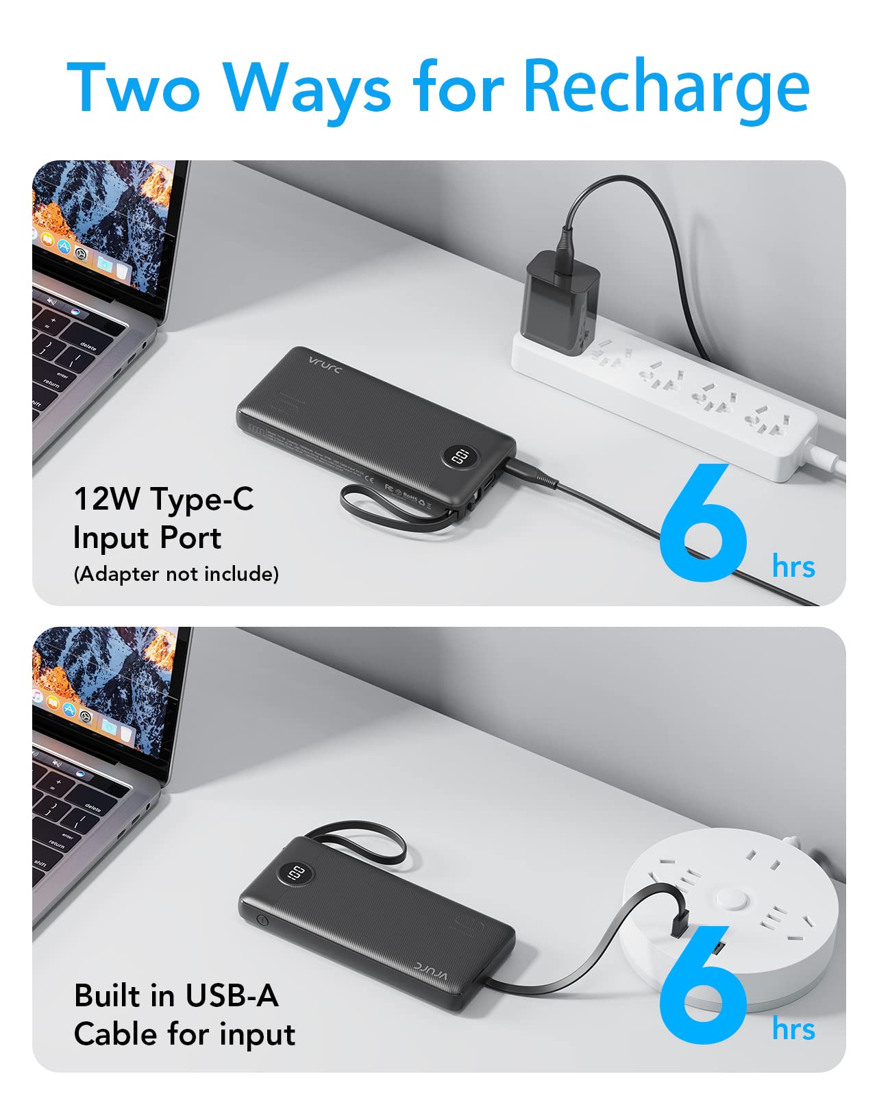 Power Bank With Built in Cables VRURC 10000mAh ,USB C Battery Pack Portable Charger with 5 Outputs 2 Inputs Powerbank LED Display compatible with iPhone 14 13 12 Samsung S21 S20 Xiaomi iPad