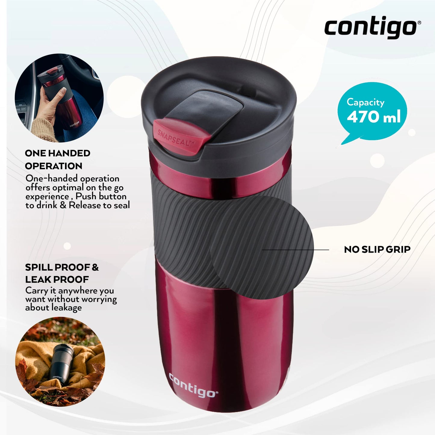 Contigo Byron Snapseal Travel Mug | Stainless Steel Thermal Mug | Vacuum Flask | Leakproof Tumbler | Coffee to Go Mug with BPA Free Easy-Clean Lid