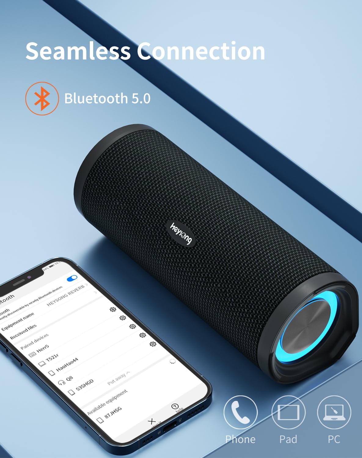 HEYSONG Portable Waterproof Bluetooth Speaker with LED Light – IPX7 Floating, Enhanced Bass, 40H Playtime, TF Card, True Wireless Stereo
