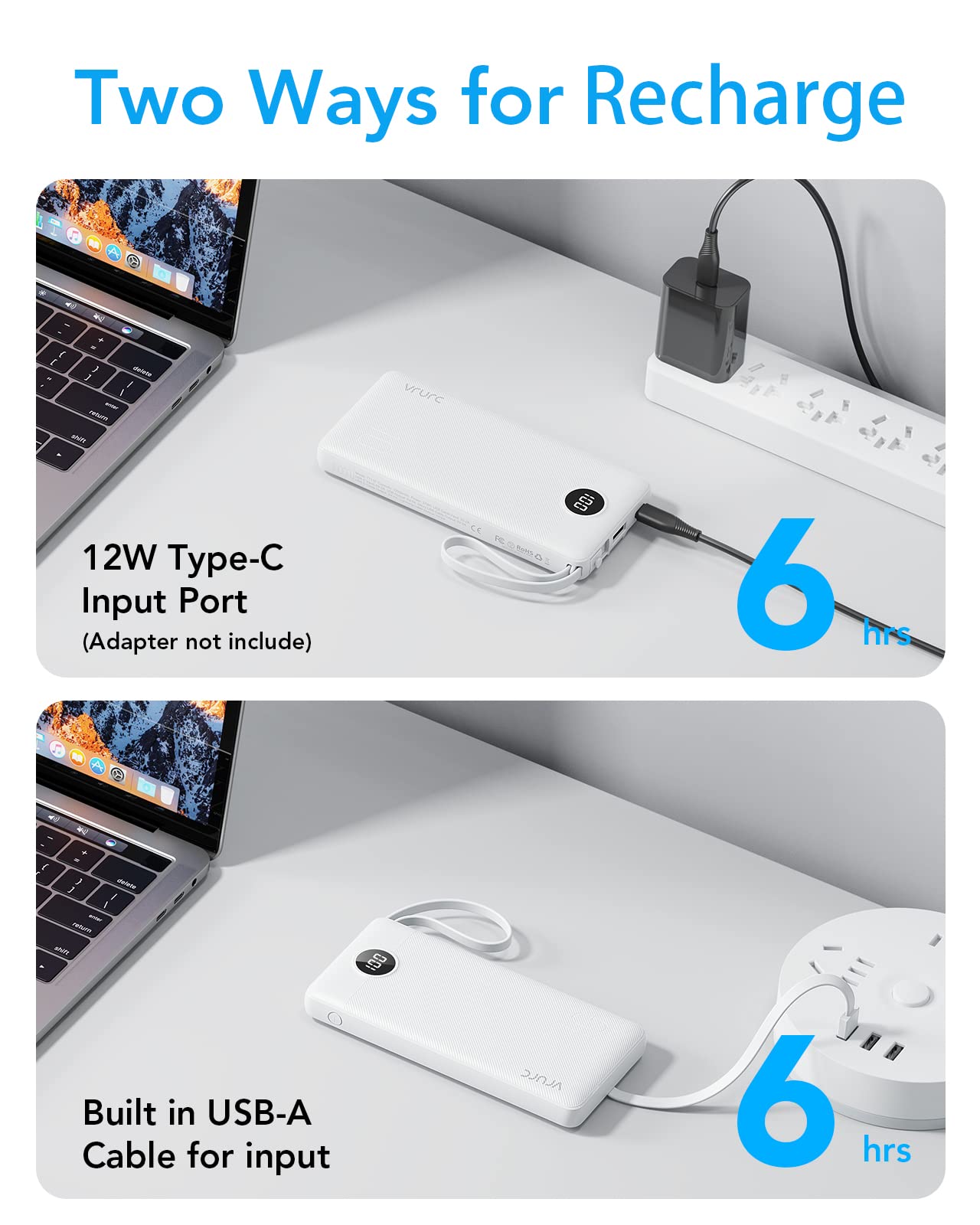 Power Bank With Built in Cables VRURC 10000mAh ,USB C Battery Pack Portable Charger with 5 Outputs 2 Inputs Powerbank LED Display compatible with iPhone 14 13 12 Samsung S21 S20 Xiaomi iPad