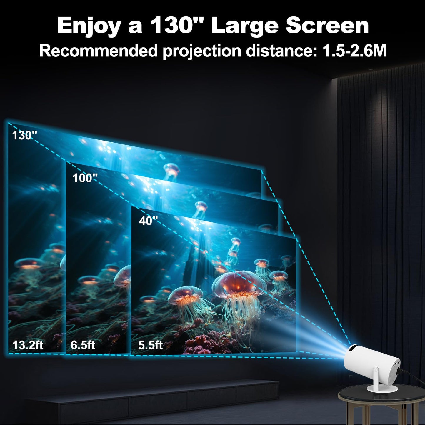 Mini Projector with WIFI 6 and Bluetooth, Support Portable Projector 180° Rotatable 130'' Screen Movie Projector Auto Keystone Compatible for Laptop, PC, Smartphone