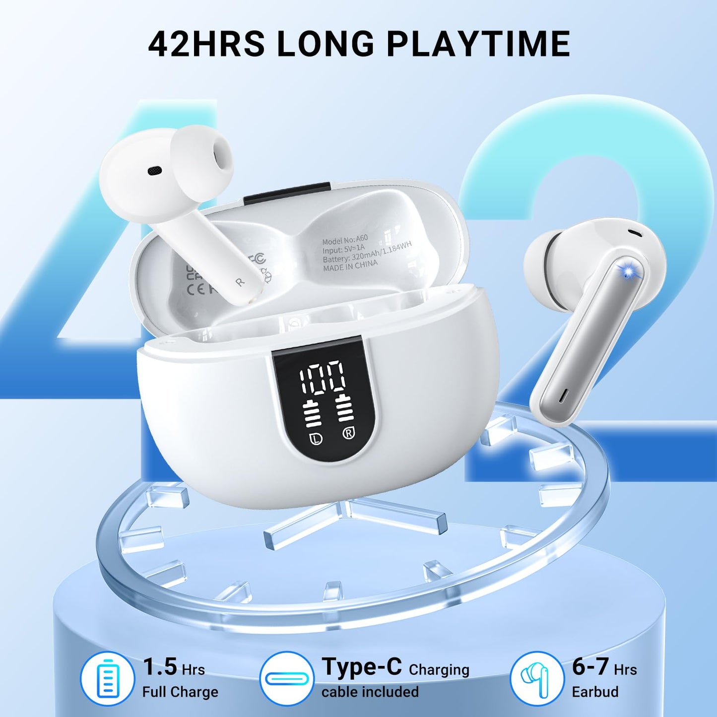 Wireless Earbuds,Earphones Bluetooth 5.3 in Ear with 4 Mic ENC Calls Noise Cancelling Wireless Headphones Mini LED Display HiFi Stereo 42H Playtime Bluetooth Earbuds Touch Control