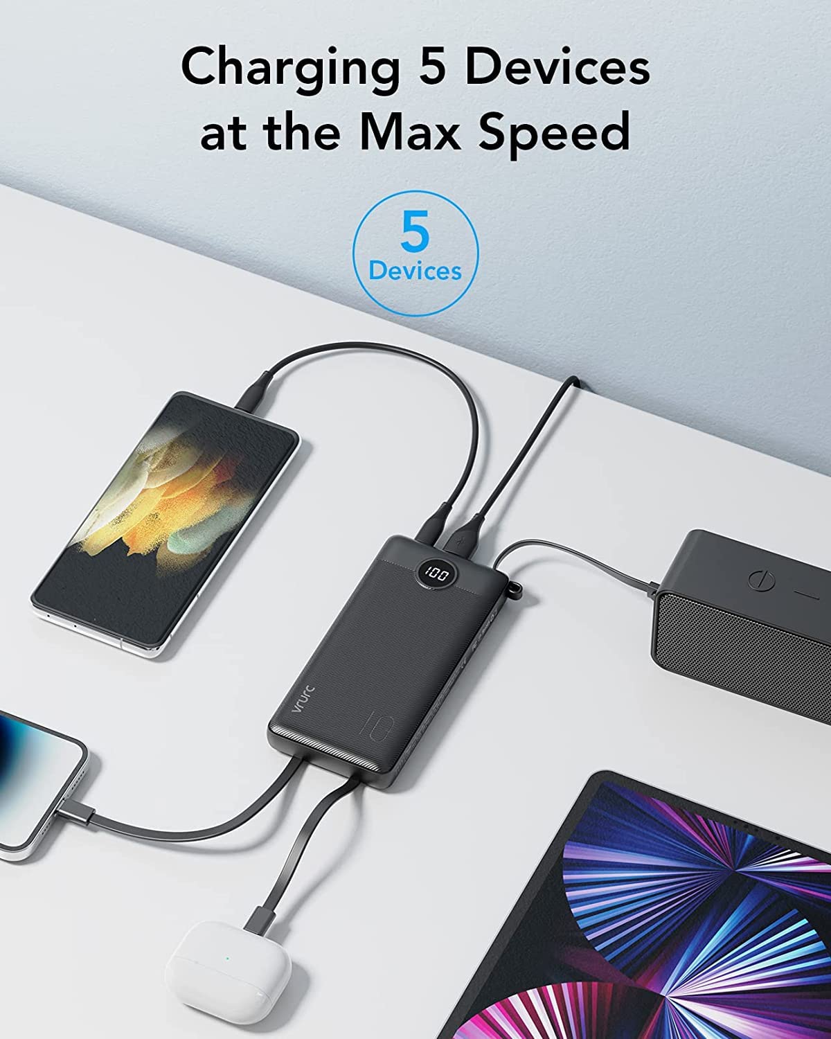 Power Bank With Built in Cables VRURC 10000mAh ,USB C Battery Pack Portable Charger with 5 Outputs 2 Inputs Powerbank LED Display compatible with iPhone 14 13 12 Samsung S21 S20 Xiaomi iPad