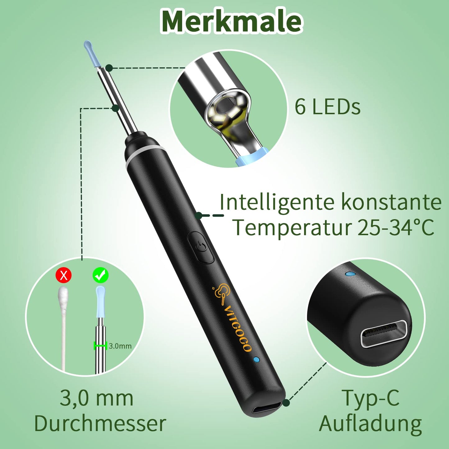 VITCOCO Ear Wax Removal Kit with 1920P HD Camera – Visual Ear Cleaner Otoscope with 6 LED Lights, 3mm Lens, Ear Cleaning Tool for iPhone, iPad & Android