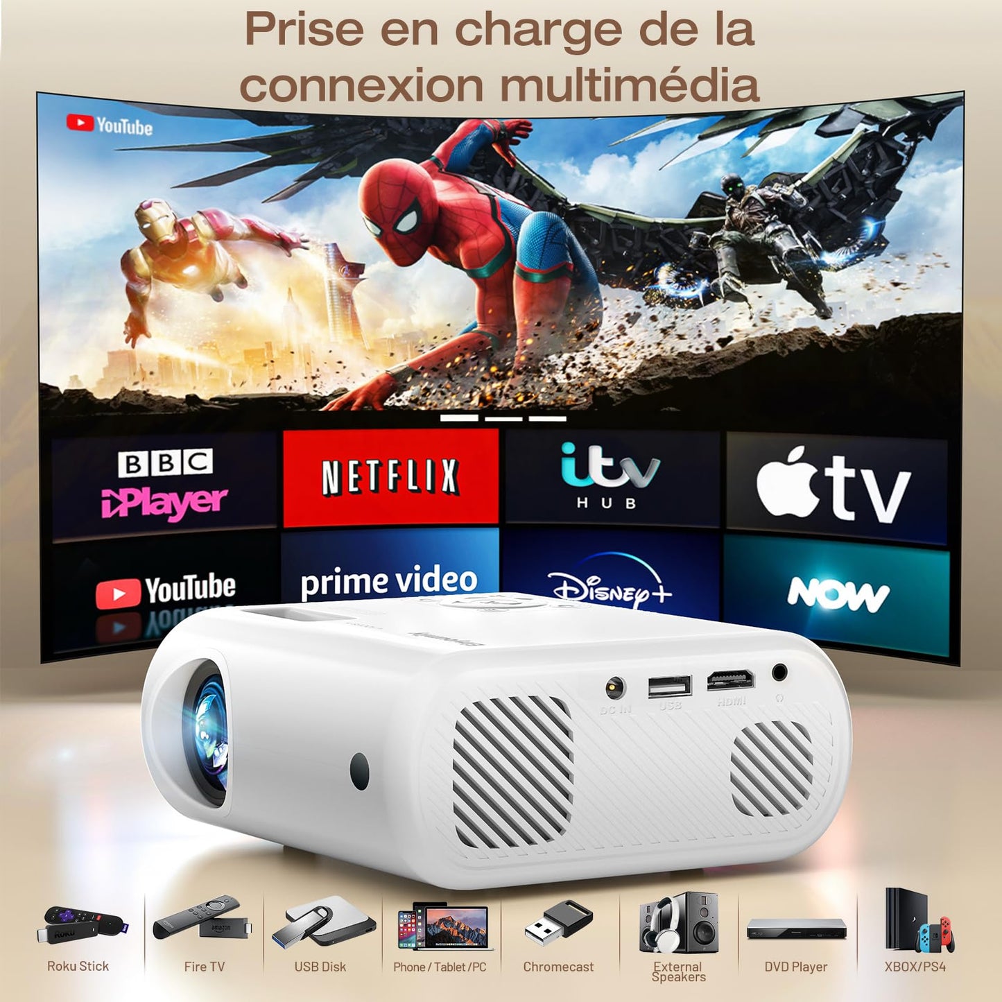 Mini Projector Portable 20000 Lux Projector 4K Supported 180° Rotation & Auto Keystone, Outdoor Compatible with TV Stick/Windows/iOS/Android/HDMI/USB (1080P)