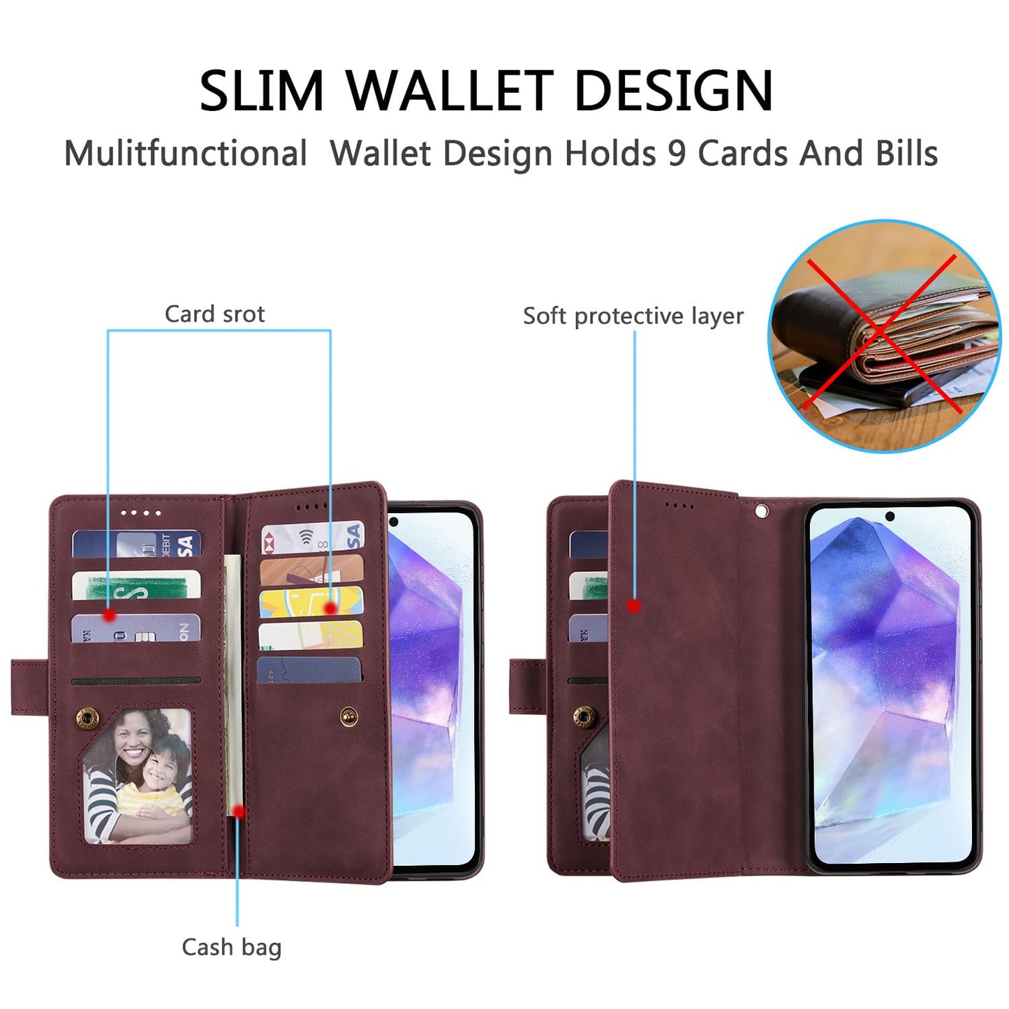 UEEBAI Wallet Case for Samsung Galaxy A15 – Retro PU Leather Flip Cover with 9 Card Slots, Zipper Pocket, Magnetic Closure, Kickstand & Wrist Strap, Shockproof Protective Case