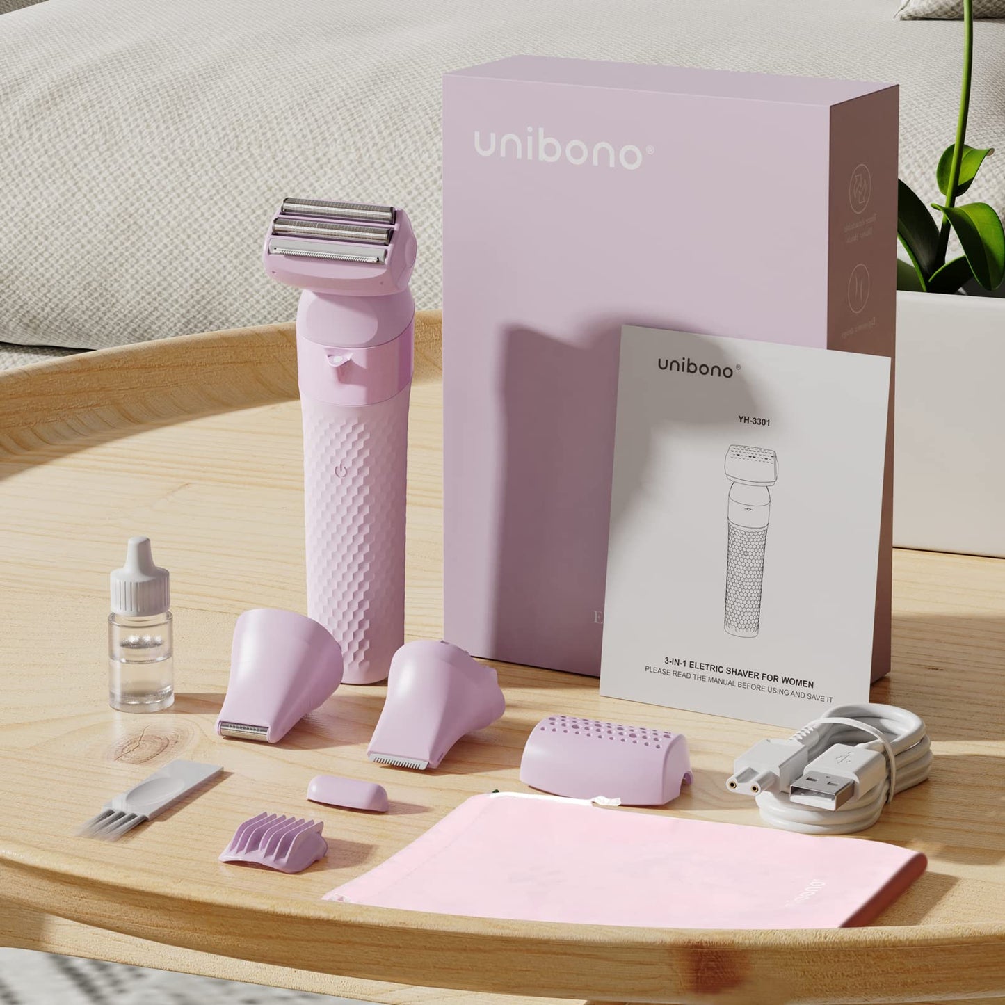 Unibono Lady Shaver Trimmer Kit, Cordless Electric Razor for Women Body Hair Removal, Rechargeable, Pubic, Legs, Wet & Dry Painless Dual Foil Shave with LED Light