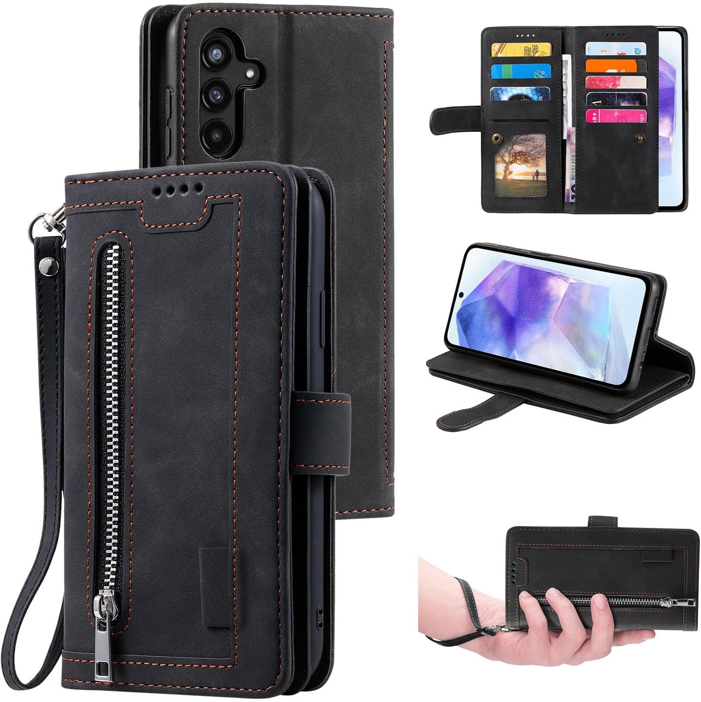 UEEBAI Wallet Case for Samsung Galaxy A15 – Retro PU Leather Flip Cover with 9 Card Slots, Zipper Pocket, Magnetic Closure, Kickstand & Wrist Strap, Shockproof Protective Case