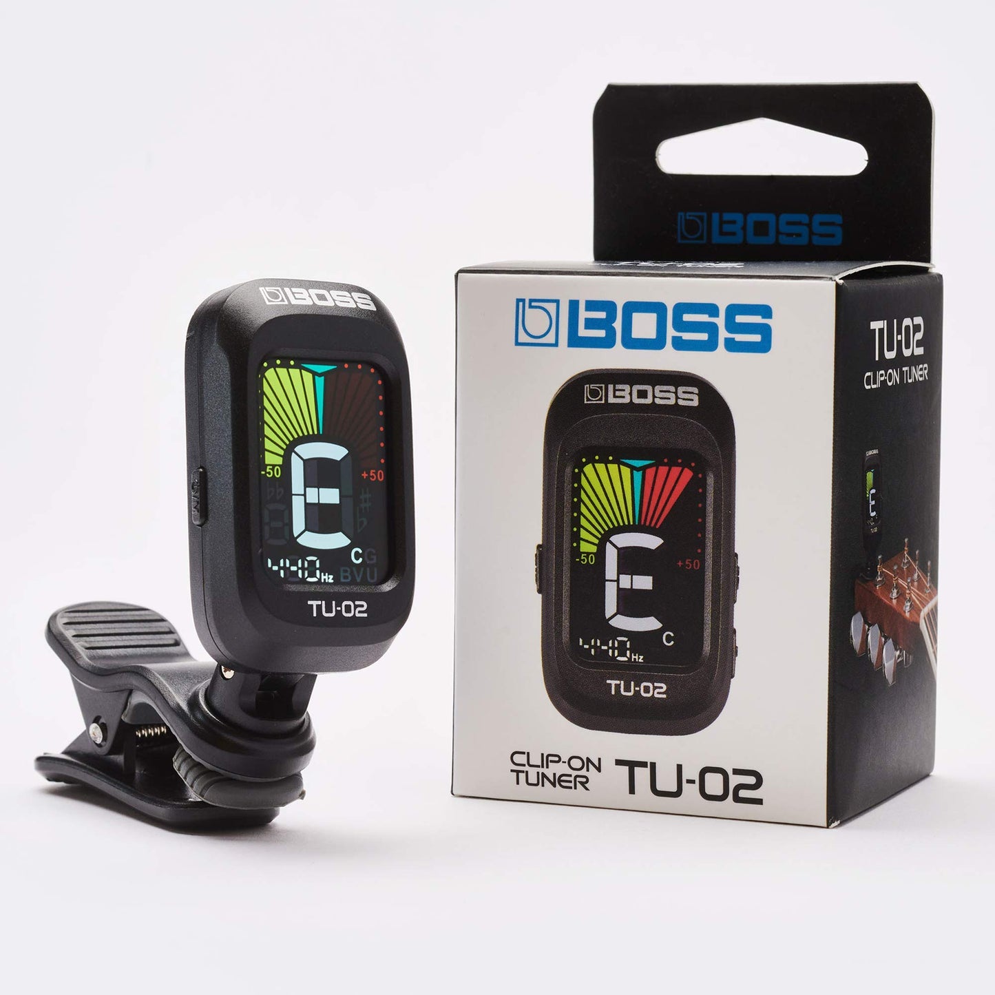 BOSS TU-02 Chromatic Clip-On Tuner for Guitar, Bass & Ukulele – Precise Battery-Powered Tuner with High-Contrast Color Display, Black