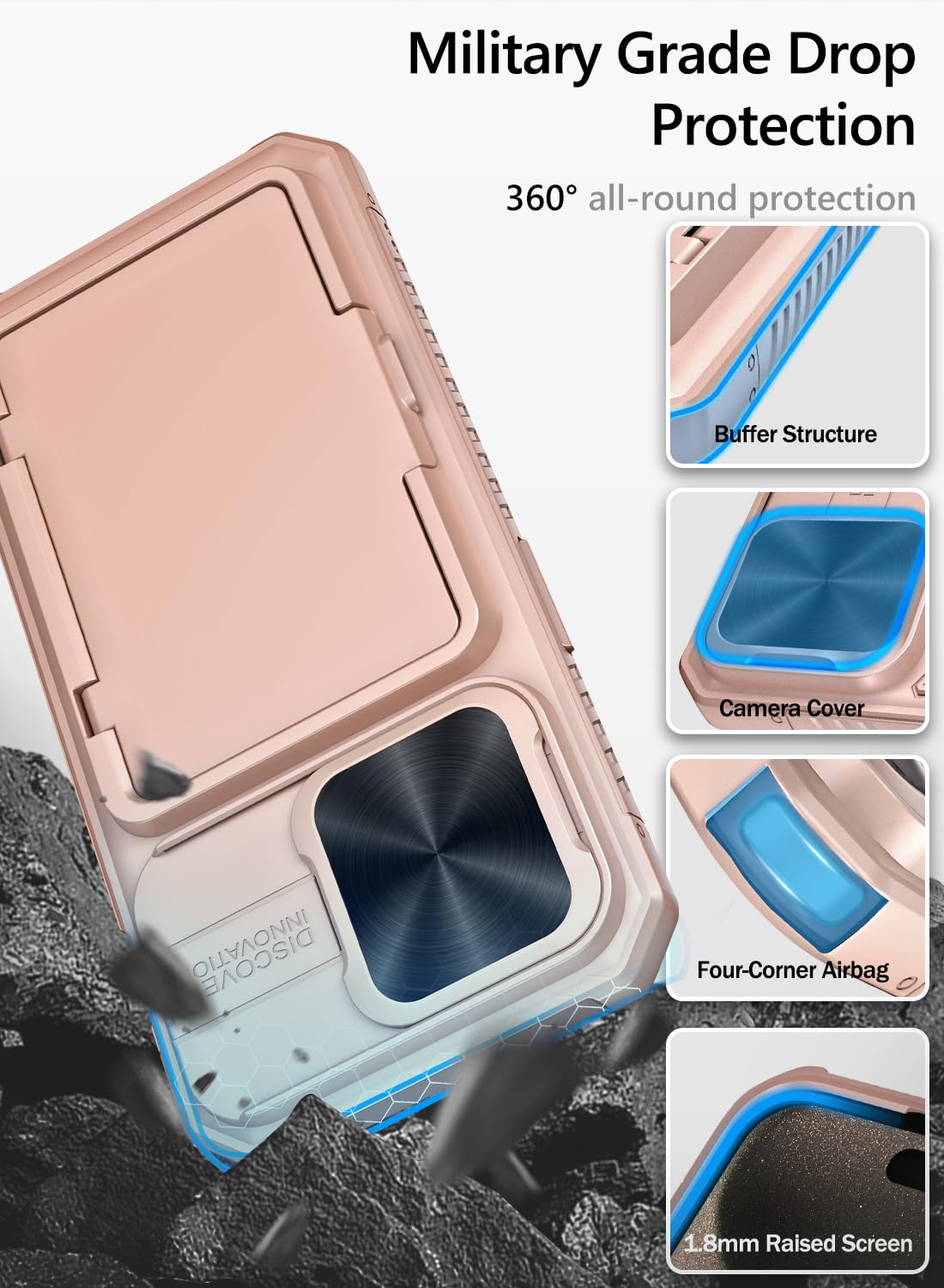 Vihibii for iPhone 15 Pro Max Case with Card Holder & Slide Camera Cover & Kickstand, Military Grade Drop Protection, Rugged Hard Back & Silicone Edge Wallet Phone Case
