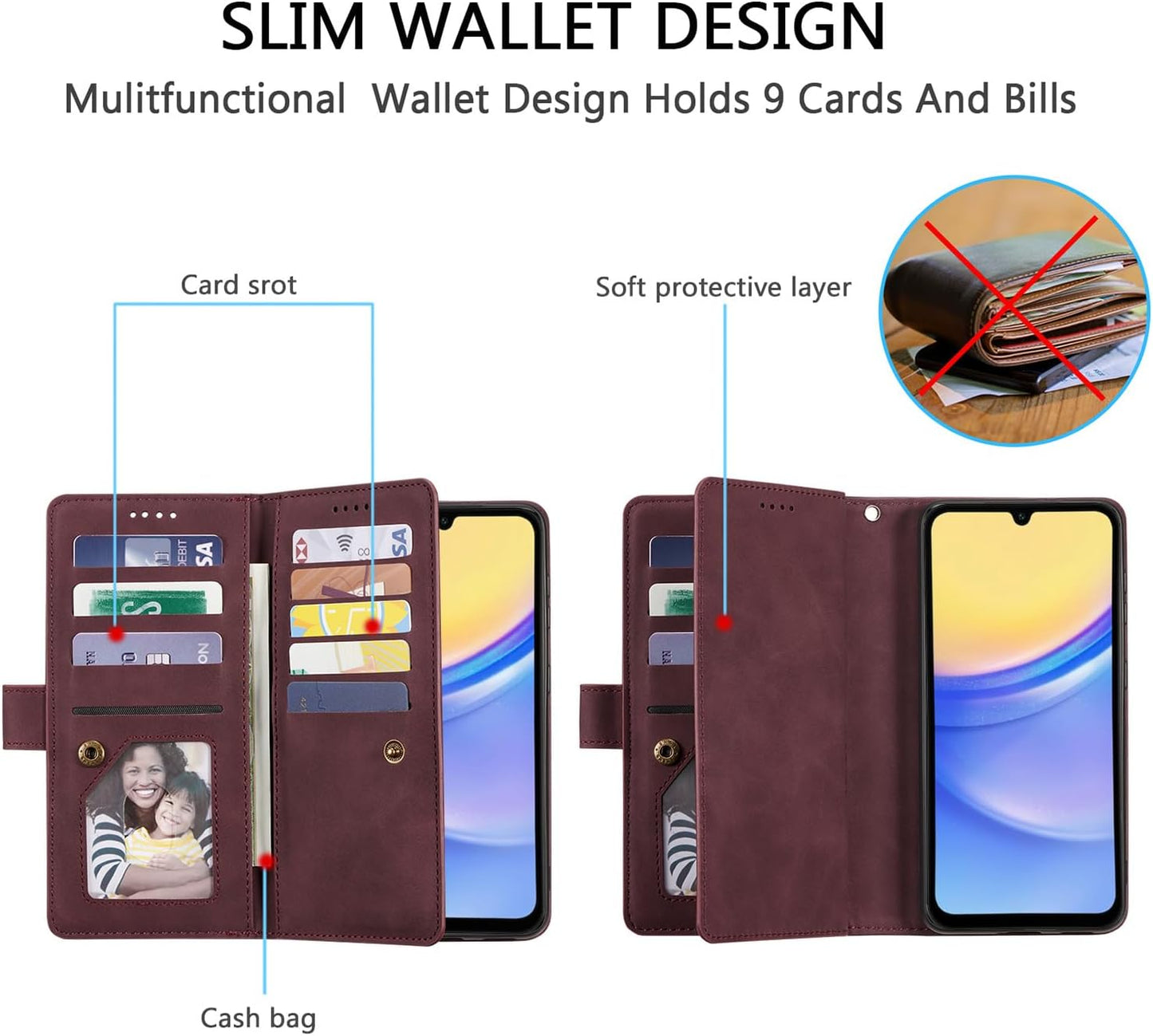 UEEBAI Wallet Case for Samsung Galaxy A15 – Retro PU Leather Flip Cover with 9 Card Slots, Zipper Pocket, Magnetic Closure, Kickstand & Wrist Strap, Shockproof Protective Case