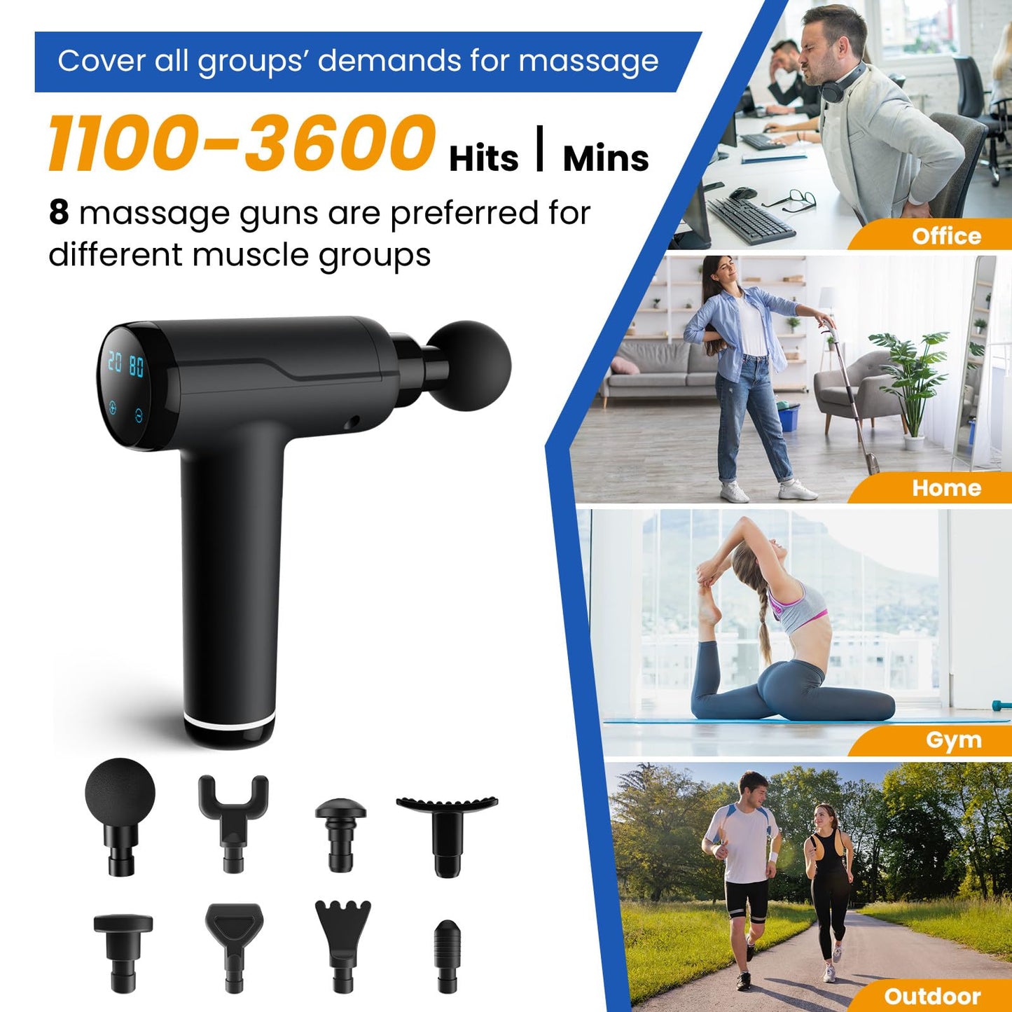 Deep Tissue Massage Gun – Portable Muscle Massager with 8 Massage Heads, LCD Touch Screen, Quiet Glide Technology, Powerful Cordless Percussion