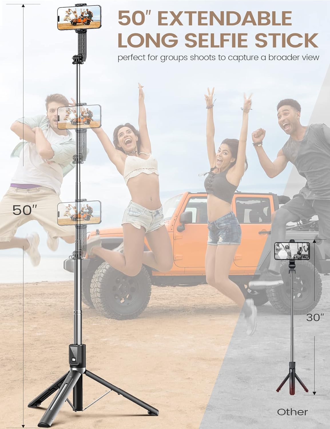 ANXRE Selfie Stick with Reinforced Tripod – 50” Extra Long Adjustable Phone Tripod with Detachable Wireless Remote, Compatible with iPhone & Samsung Smartphones