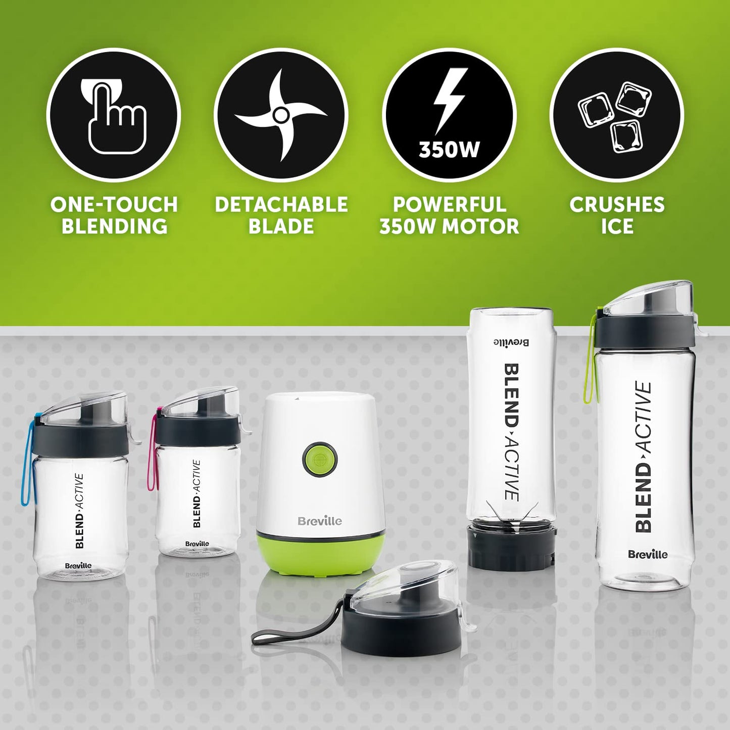 Breville Blend Active Personal Blender & Smoothie Maker | 350W | 2 Portable Blend Active Bottles (600ml) |Leak Proof Lids White & Green