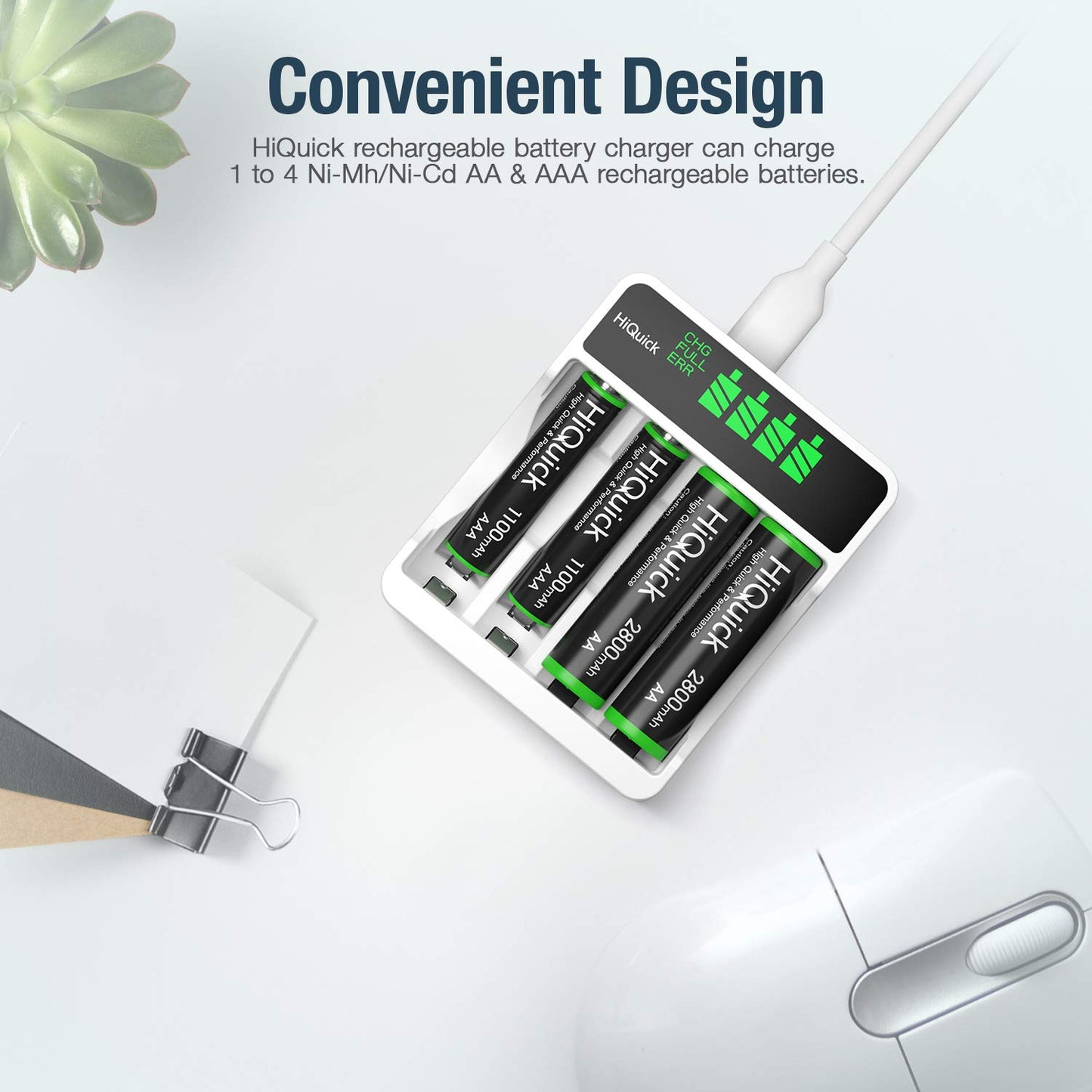HiQuick 8 x 2800mAh AA NI-MH Rechargeable Batteries with 4-slot LCD Batter Charger, Fast Charging Function, Type C and Micro USB Input, Battery and Charger Set