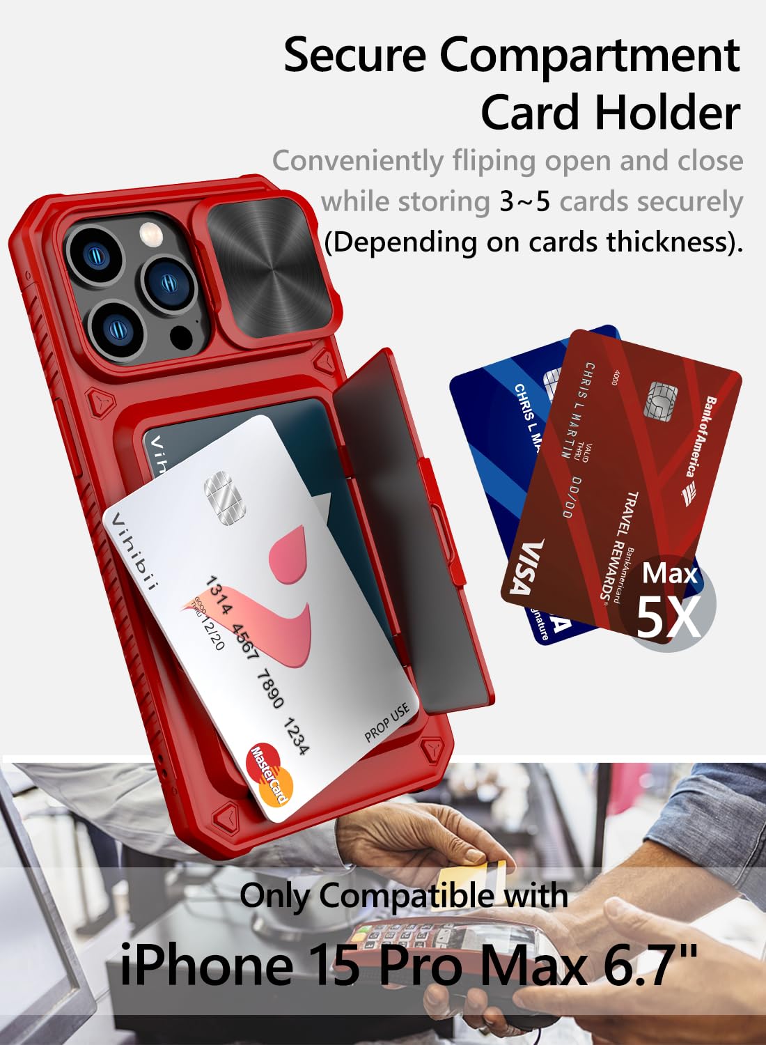 Vihibii for iPhone 15 Pro Max Case with Card Holder & Slide Camera Cover & Kickstand, Military Grade Drop Protection, Rugged Hard Back & Silicone Edge Wallet Phone Case