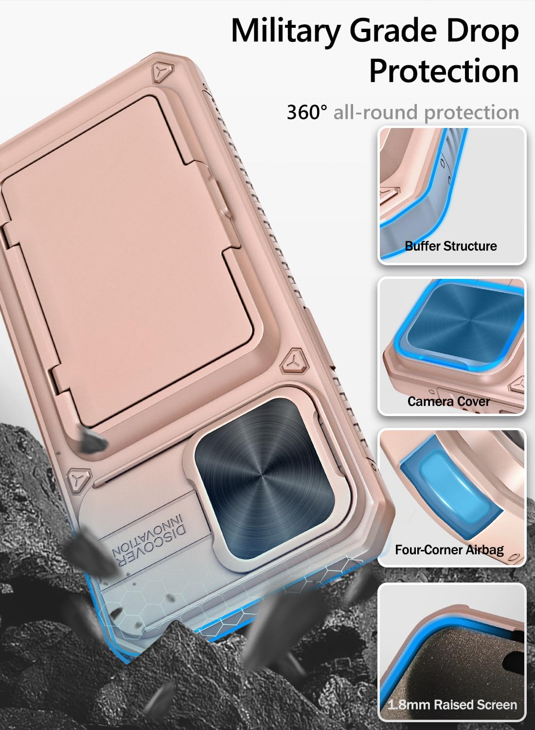 Vihibii for iPhone 15 Pro Max Case with Card Holder & Slide Camera Cover & Kickstand, Military Grade Drop Protection, Rugged Hard Back & Silicone Edge Wallet Phone Case