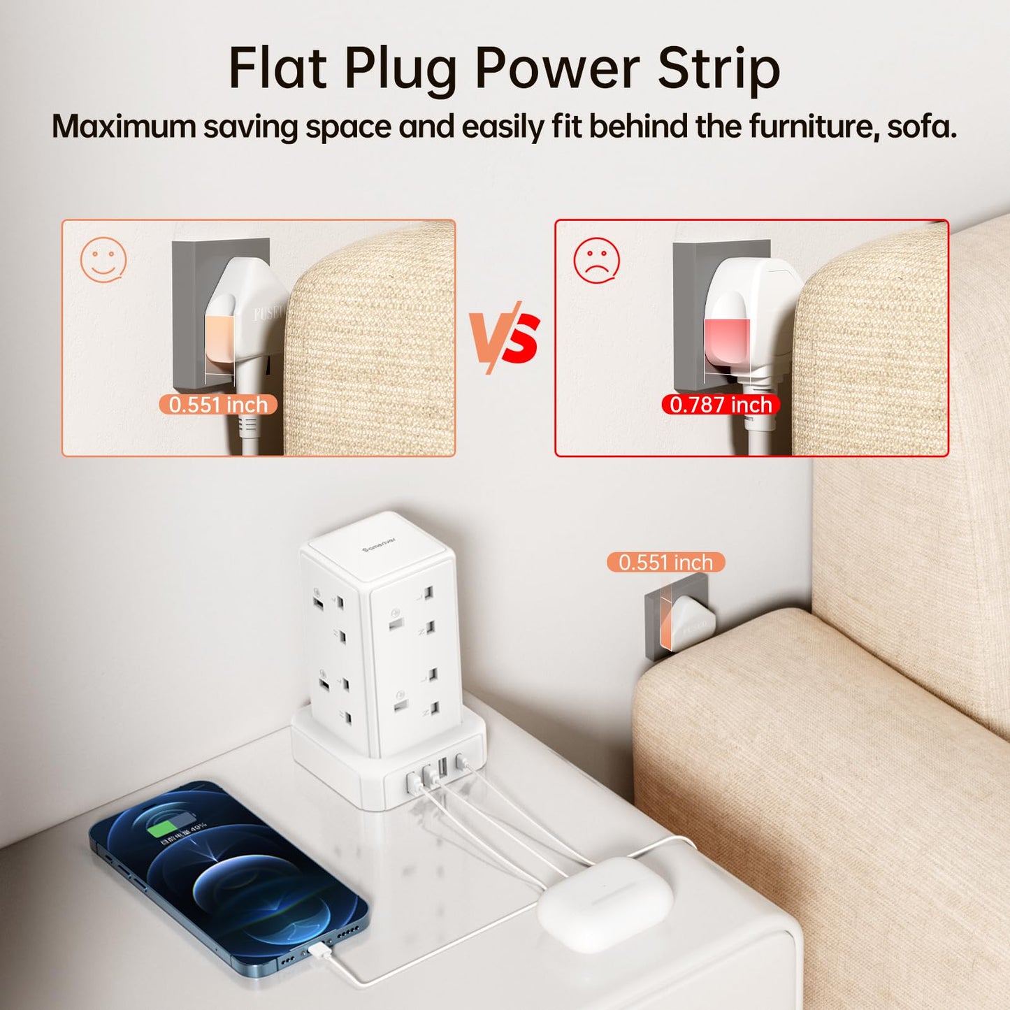 Tower Extension lead with USB Slots, 8 Way Extension Lead Surge Protection with Switch 8 AC Outlets & 4 USB Ports Plug Extension Socket Cable 2M Mini Power Strip for Home