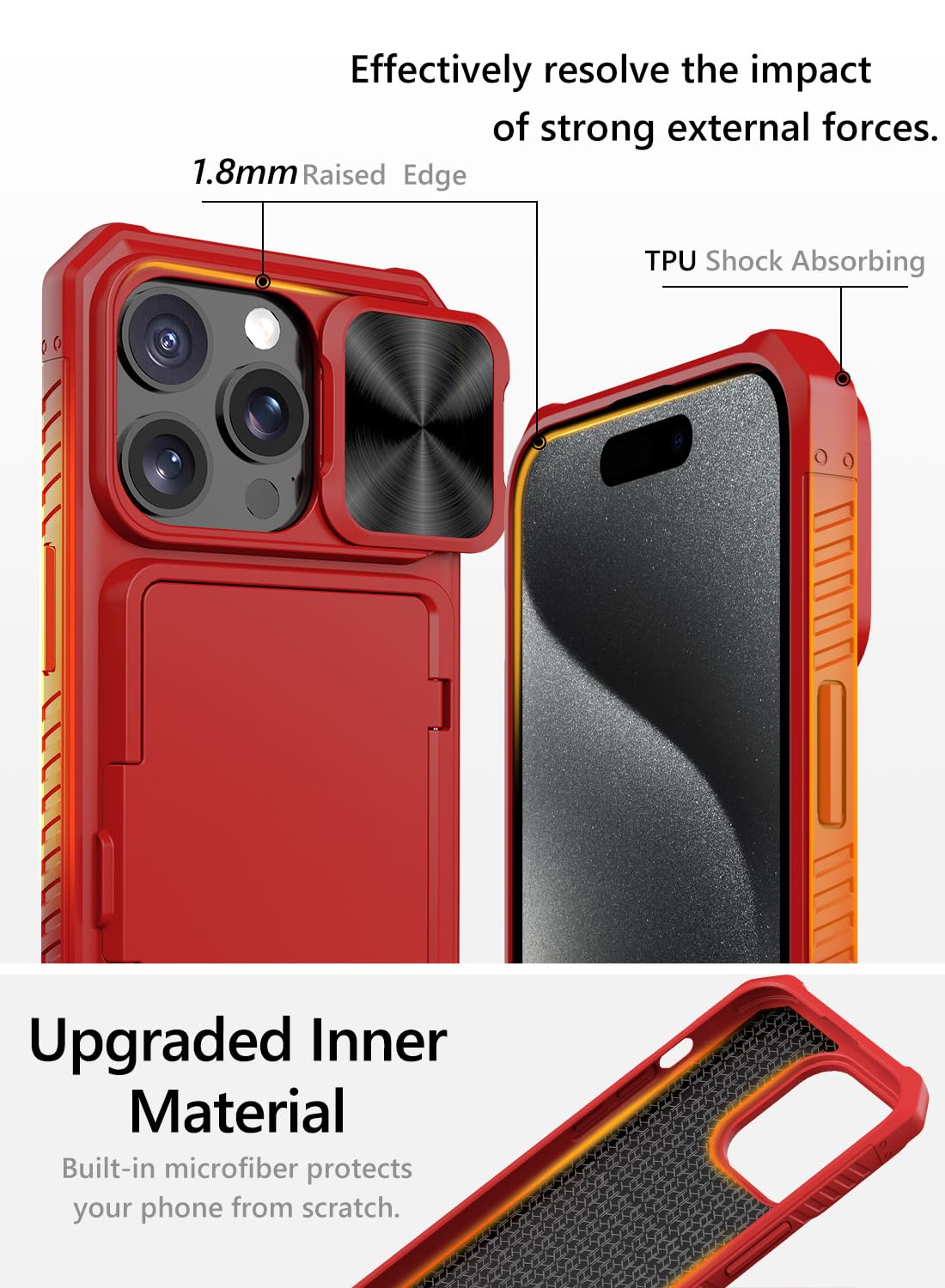 Vihibii for iPhone 15 Pro Max Case with Card Holder & Slide Camera Cover & Kickstand, Military Grade Drop Protection, Rugged Hard Back & Silicone Edge Wallet Phone Case