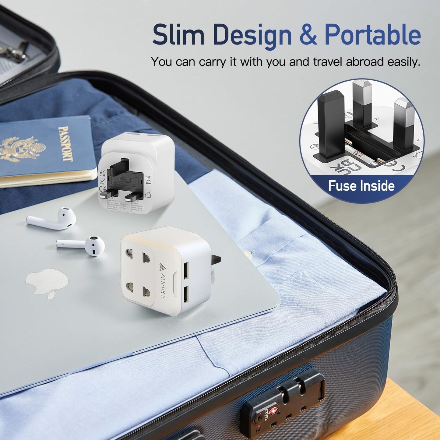 AUNNO Double Shaver Plug Adaptor UK with 2 USB Ports, 2500W 4 in 1 Plug Adapter for Bathroom Electric Razor and Electric Toothbrush etc, 2 Pin to 3 Pin Plug Adapter with 10A Fuse