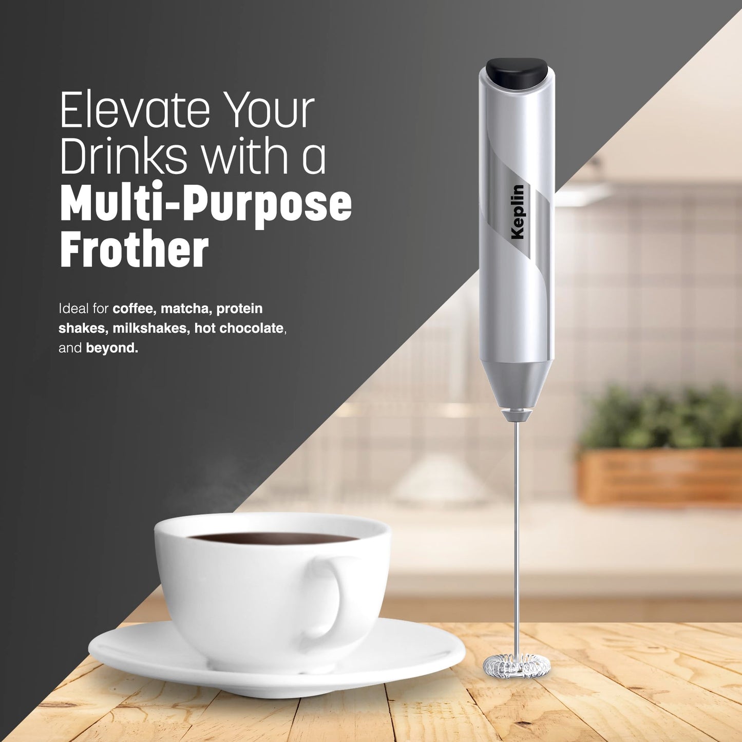 Keplin Handheld Milk Frother - Stainless Steel Electric Whisk - Portable Battery-Operated Coffee Frother for Lattes, Matcha, Protein Shakes - Ergonomic, Compact, Easy to Clean (Battery Not Included)