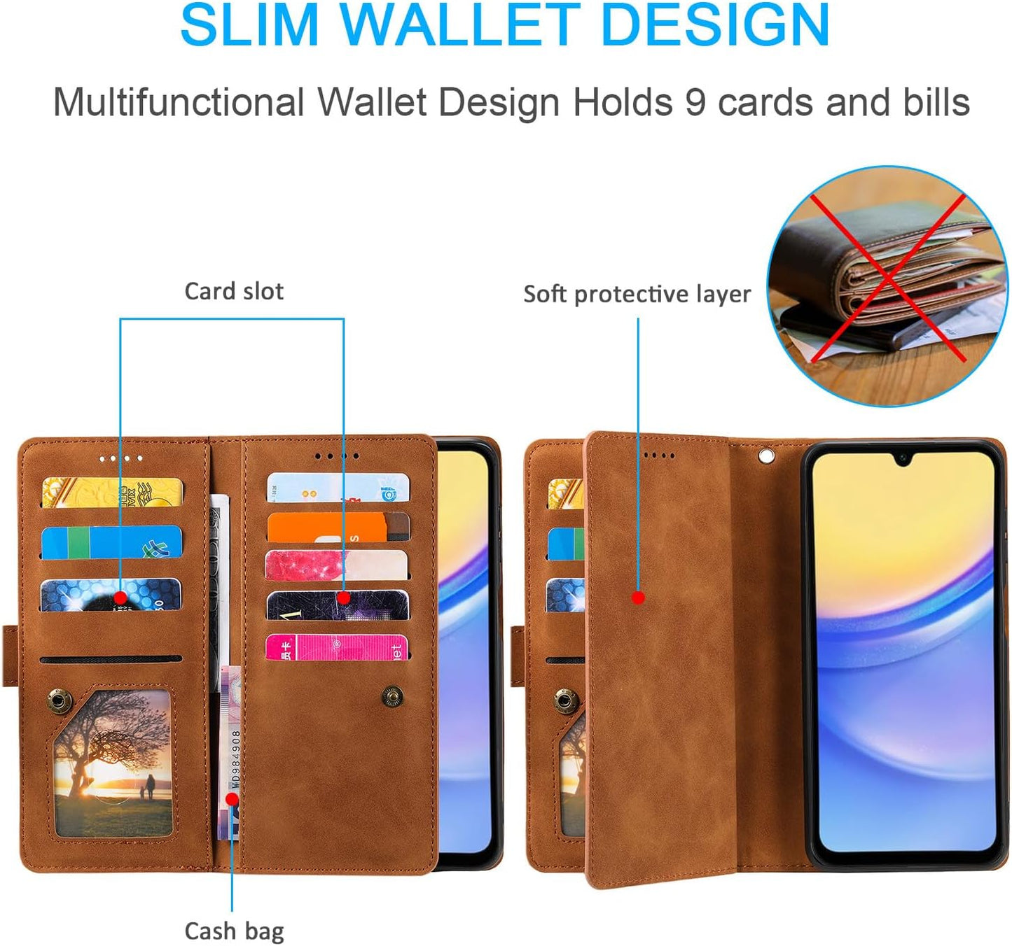 UEEBAI Wallet Case for Samsung Galaxy A15 – Retro PU Leather Flip Cover with 9 Card Slots, Zipper Pocket, Magnetic Closure, Kickstand & Wrist Strap, Shockproof Protective Case