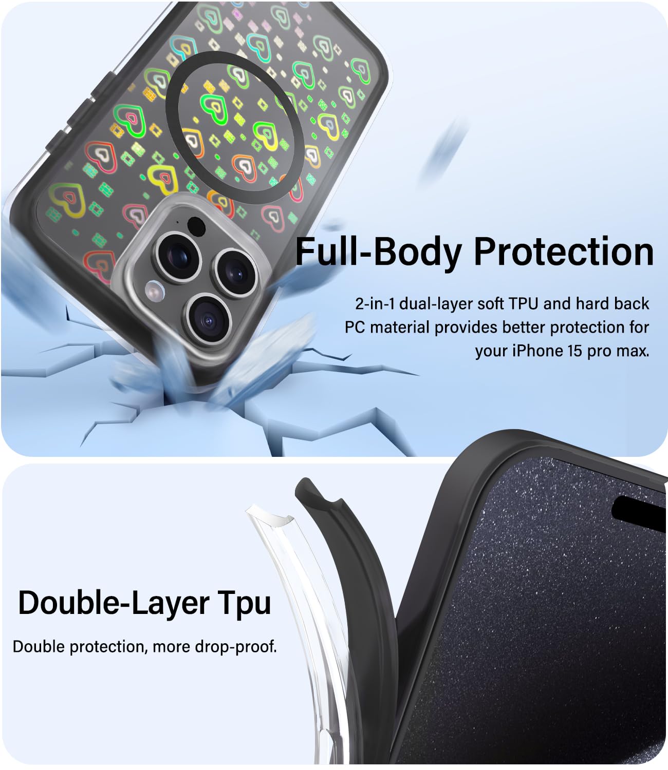 Vihibii for iPhone 15 Pro Max Case with Card Holder & Slide Camera Cover & Kickstand, Military Grade Drop Protection, Rugged Hard Back & Silicone Edge Wallet Phone Case