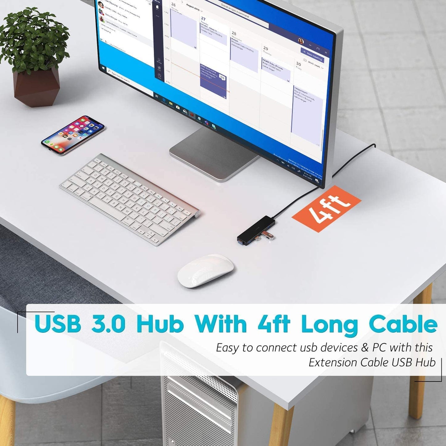 Aceele USB Hub 3.0 with 4ft Long USB Extension Cable, Splitter 4 Port with 5Gbps Data Transfer, Extender for Laptop, Desktop PC, MacBook