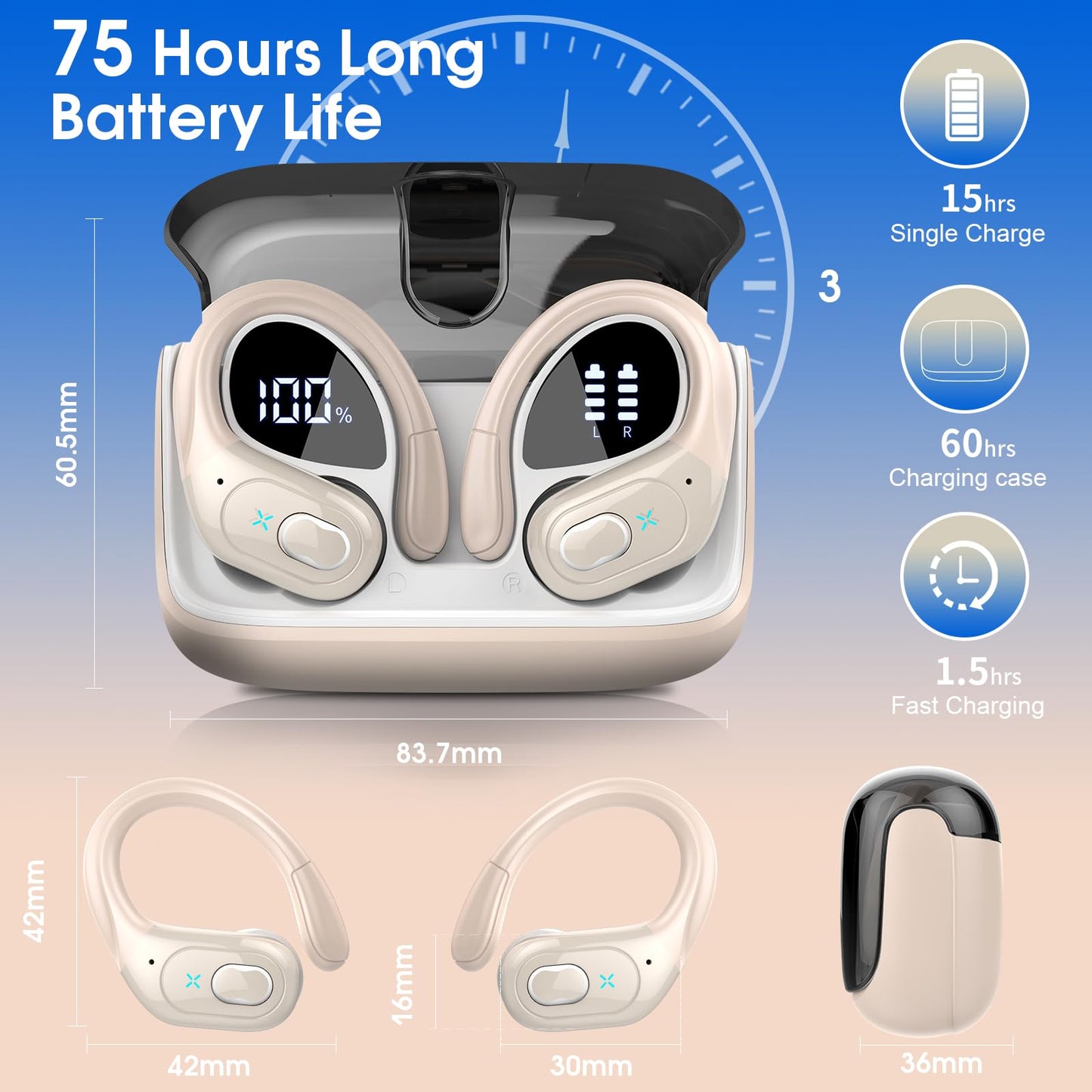 STECEi Wireless Earbuds β 75H Bluetooth 5.4 Earphones with ENC Noise Cancelling Mics, HiFi Stereo Sound, Earhooks, IP7 Waterproof for Running, Gym & Sports (Black)