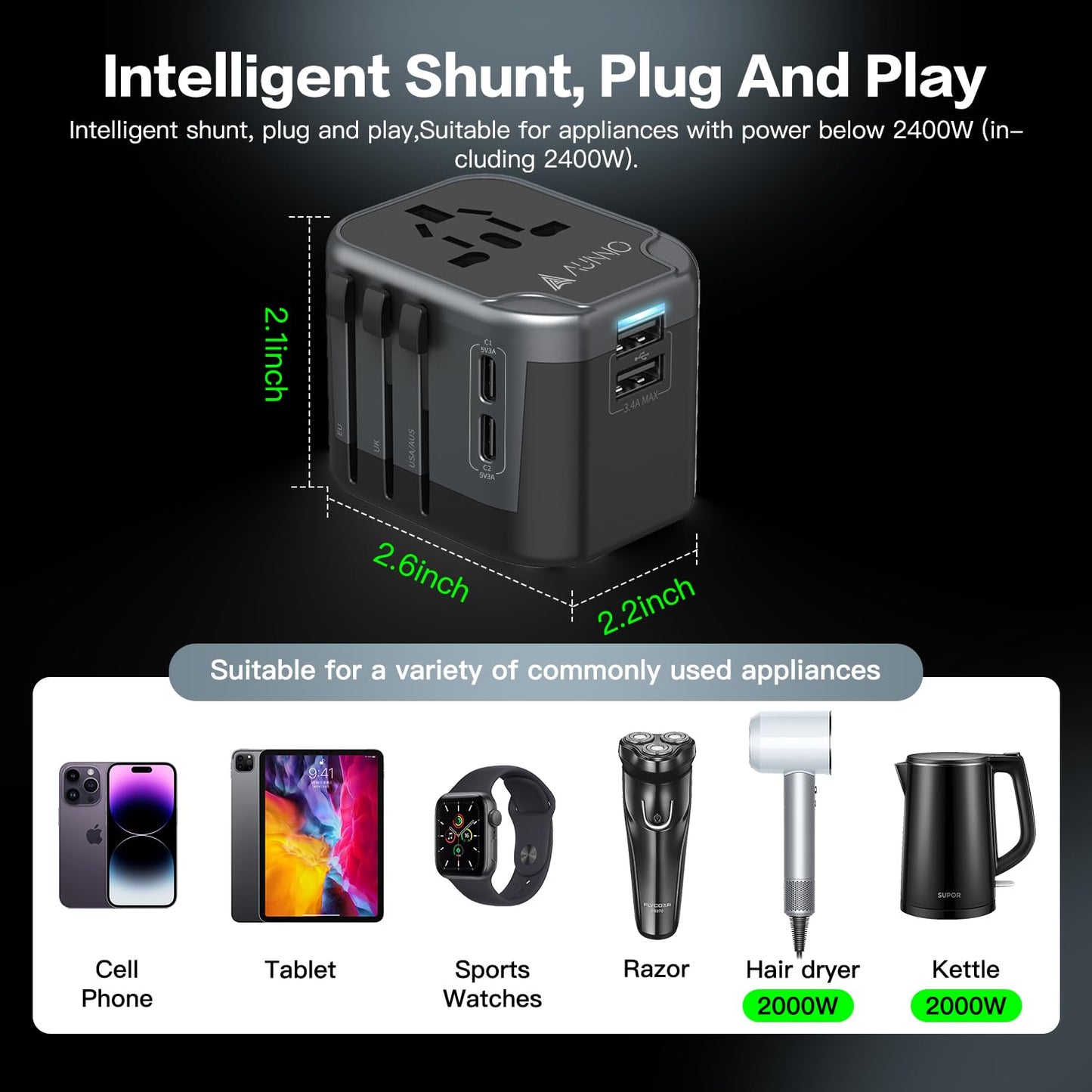 AUNNO Universal Travel Adapter, International Travel Plug Adapter with 2 USB-C and 2 USB Ports, All in One Plug Adaptor with Dual Safety Fuses, UK to European Plug Adaptor for EU USA Australia etc