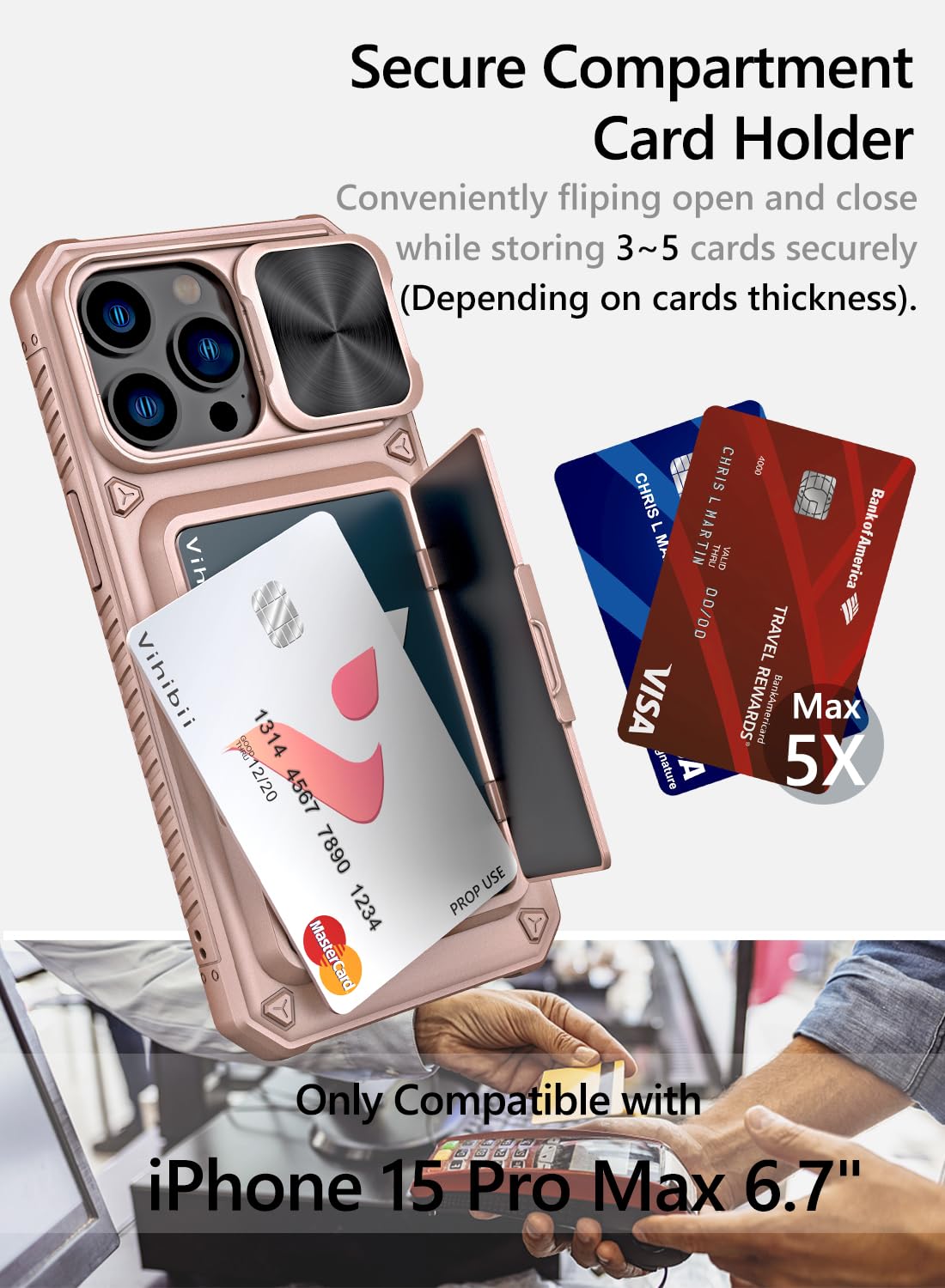 Vihibii for iPhone 15 Pro Max Case with Card Holder & Slide Camera Cover & Kickstand, Military Grade Drop Protection, Rugged Hard Back & Silicone Edge Wallet Phone Case