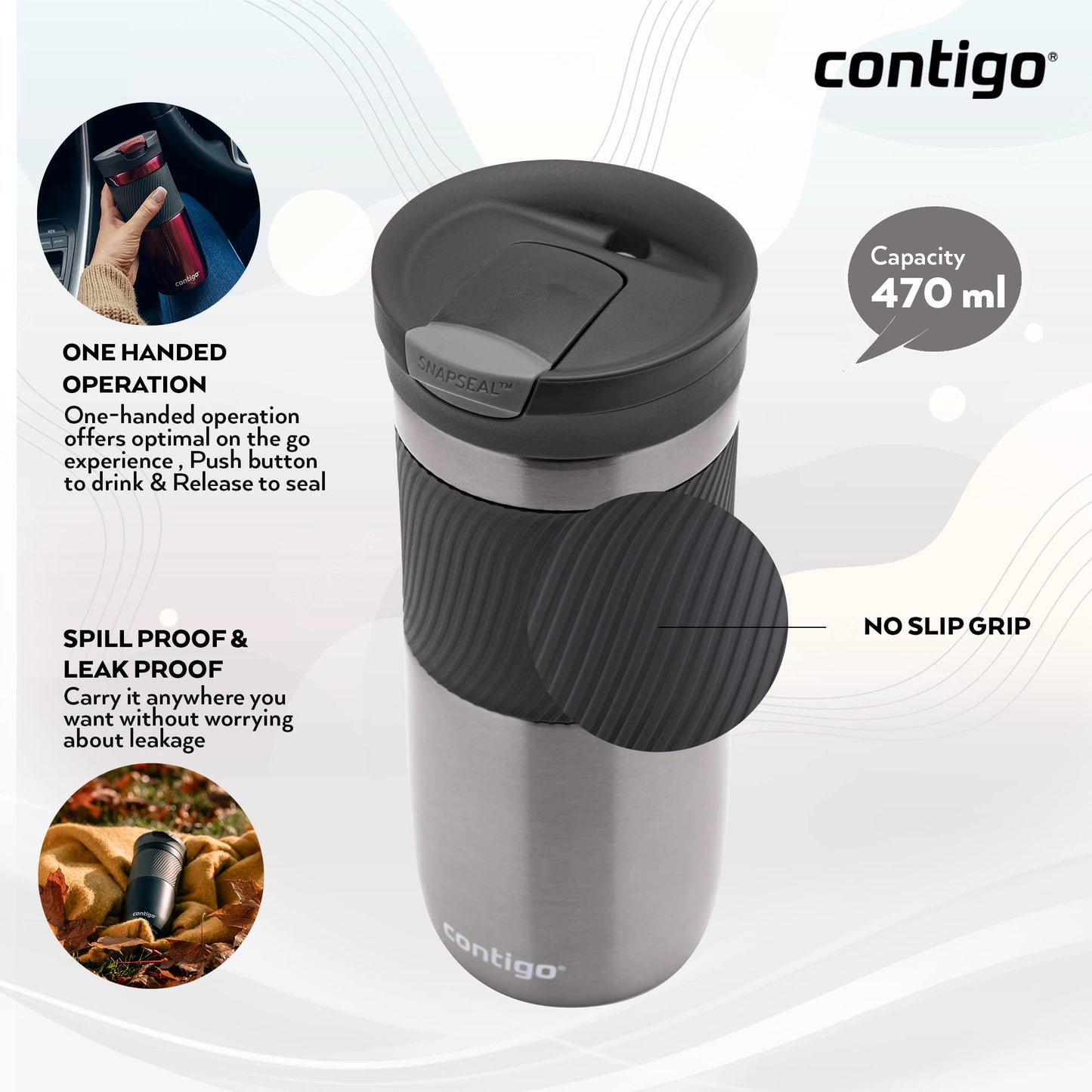 Contigo Byron Snapseal Travel Mug | Stainless Steel Thermal Mug | Vacuum Flask | Leakproof Tumbler | Coffee to Go Mug with BPA Free Easy-Clean Lid