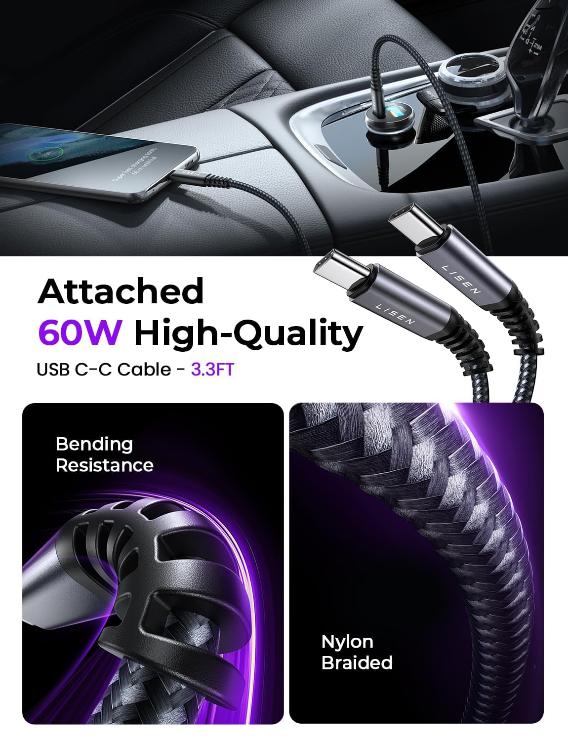 LISEN Car Charger Adapter USB C 54W 12V USB Socket with 60W 3.3ft USB C Cable Car Phone Fast Charge Cigarette Lighter USB for iPhone Samsung