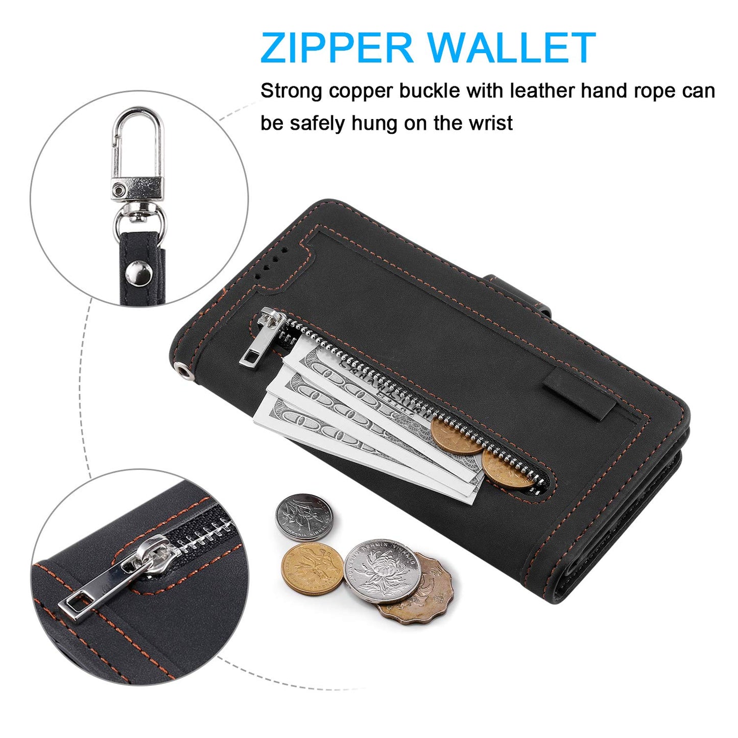 UEEBAI Wallet Case for Samsung Galaxy A15 – Retro PU Leather Flip Cover with 9 Card Slots, Zipper Pocket, Magnetic Closure, Kickstand & Wrist Strap, Shockproof Protective Case