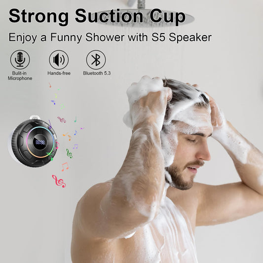 Bluetooth Shower Speaker, Portable Bluetooth Speaker V5.3 360°Surround Sound with Suction Cup/Lanyard, IPX7 Waterproof Mini Wireless Speaker with Built-in Mics, RGB Lights for Bathroom/Travel/Party