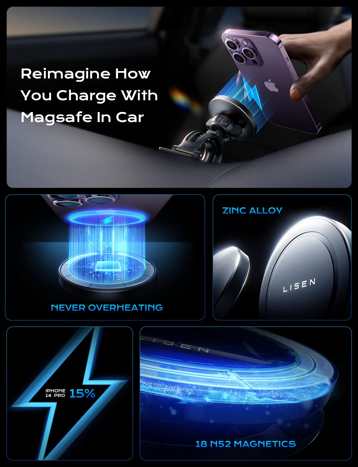 LISEN for Magsafe Car Mount Charger 15W Fastest Charging Speed Car Phone Holder Wireless iPhone Car Charger Magsafe Phone Holder Fits iPhone