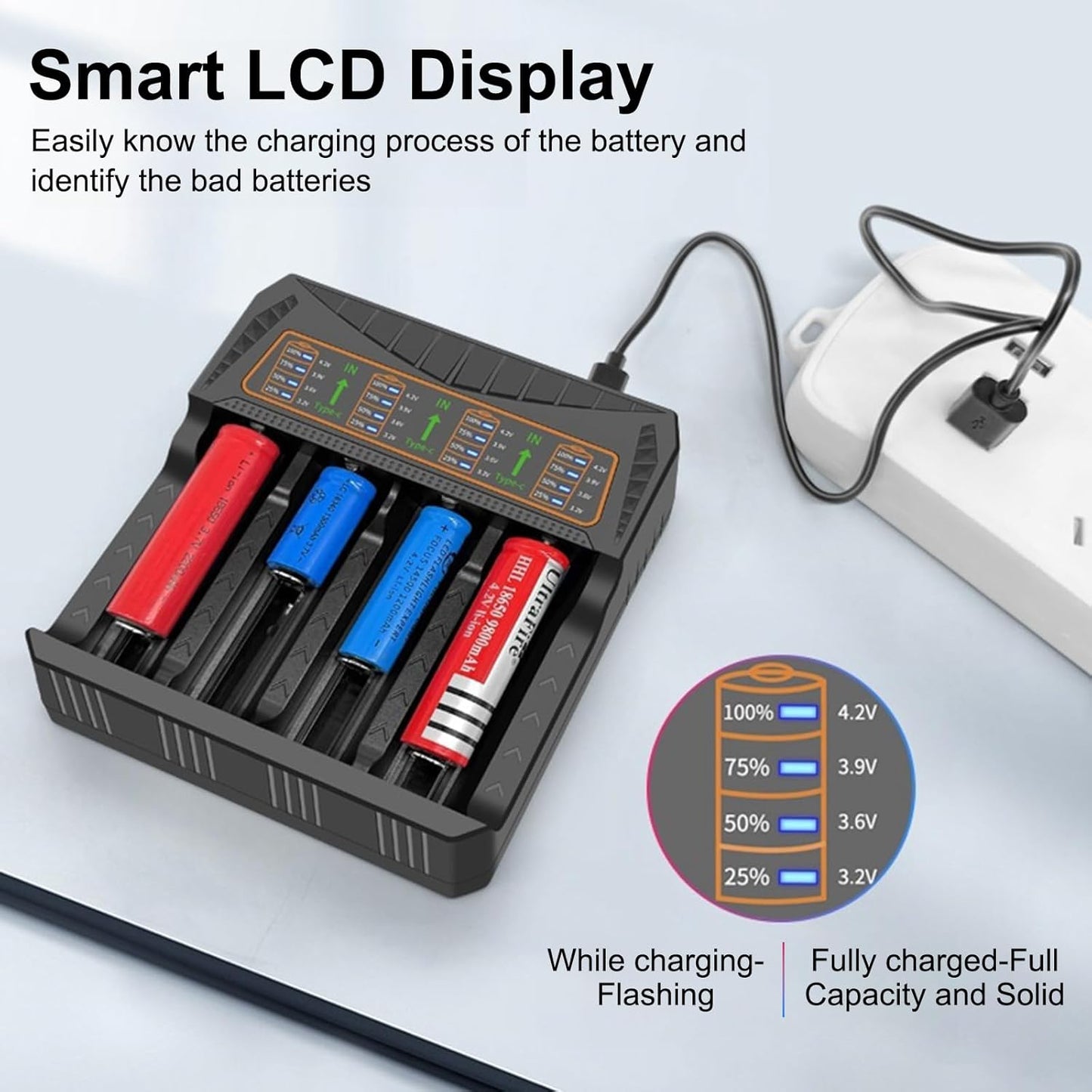 18650 Battery Charger Rechargeable Universal 4-Bay Charger, Automatic LCD Display,Fast Charging for Ni-MH/CD 3.7v Lithium 22650 21700 10340 10440 14500 16340 17335 17500 17670 18500 20700