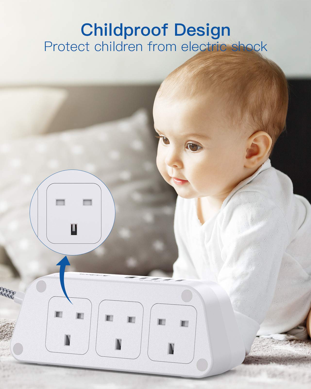 Extension Lead with USB Slots,6 Way Outlets 5 USB with 1.8M Braided Extension cord,Security Surge Protection Plug Extension Socket